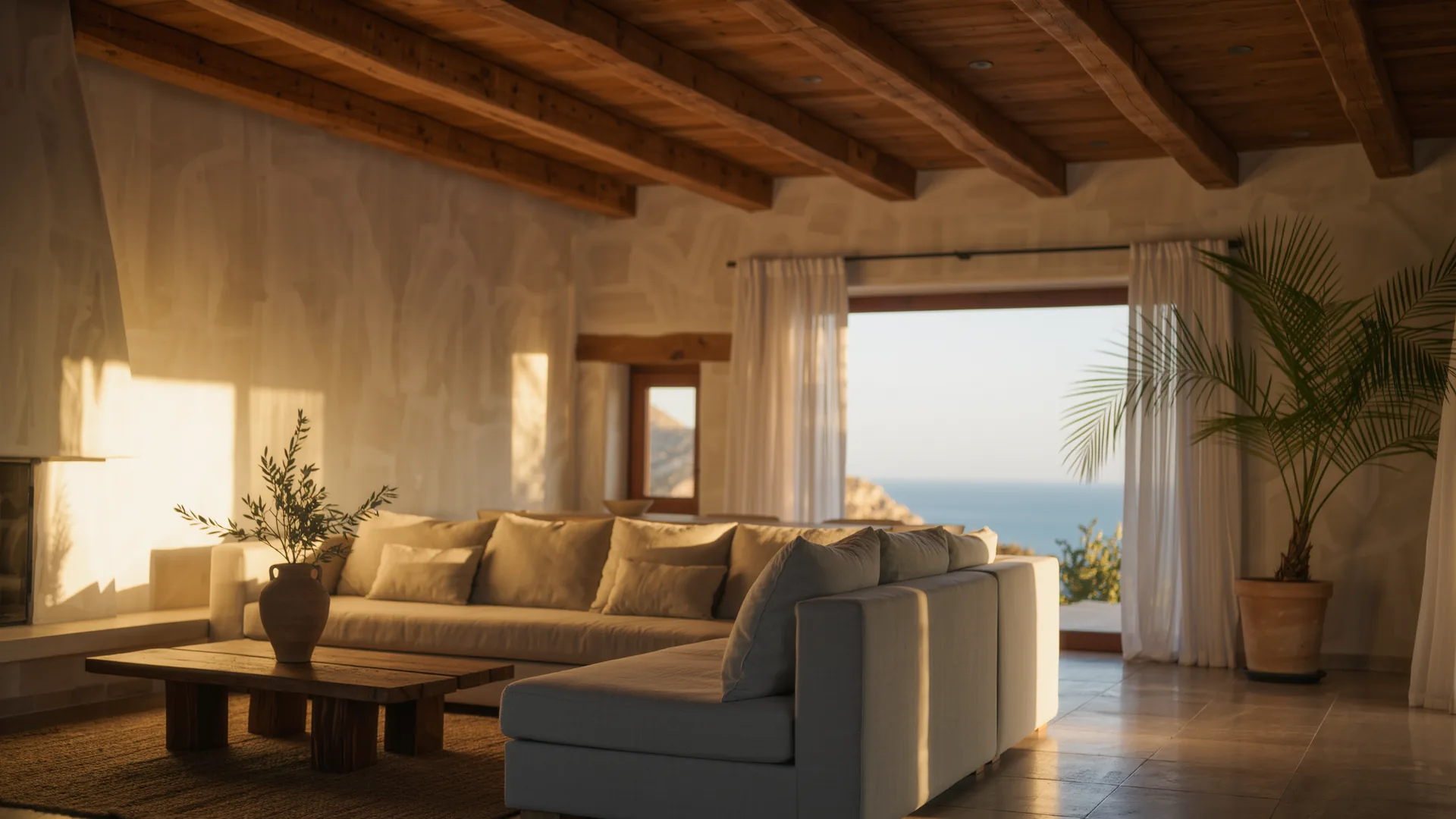 Salón mediterráneo con paredes de cal, sofá de lino y vigas de roble