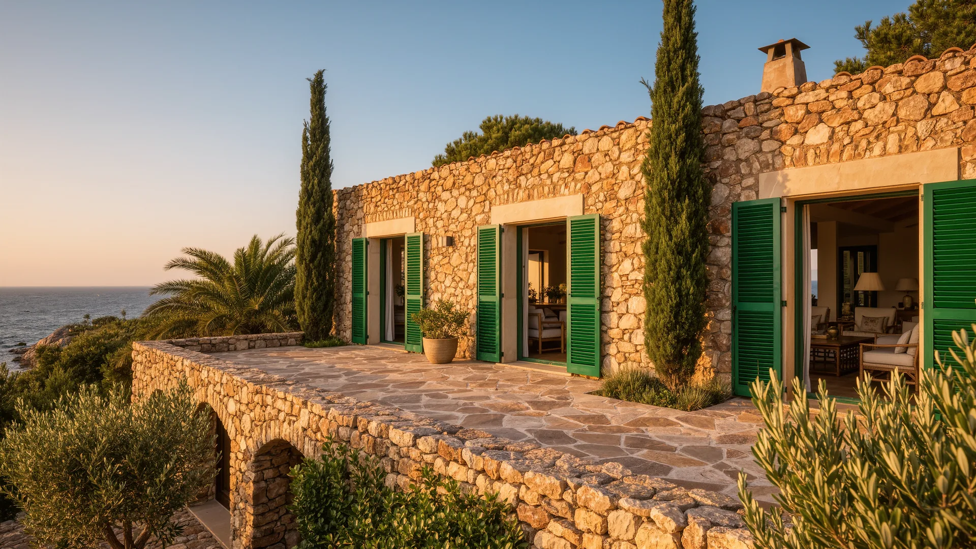 Finca mallorquina de piedra dorada con contraventanas verdes y cipreses al atardecer