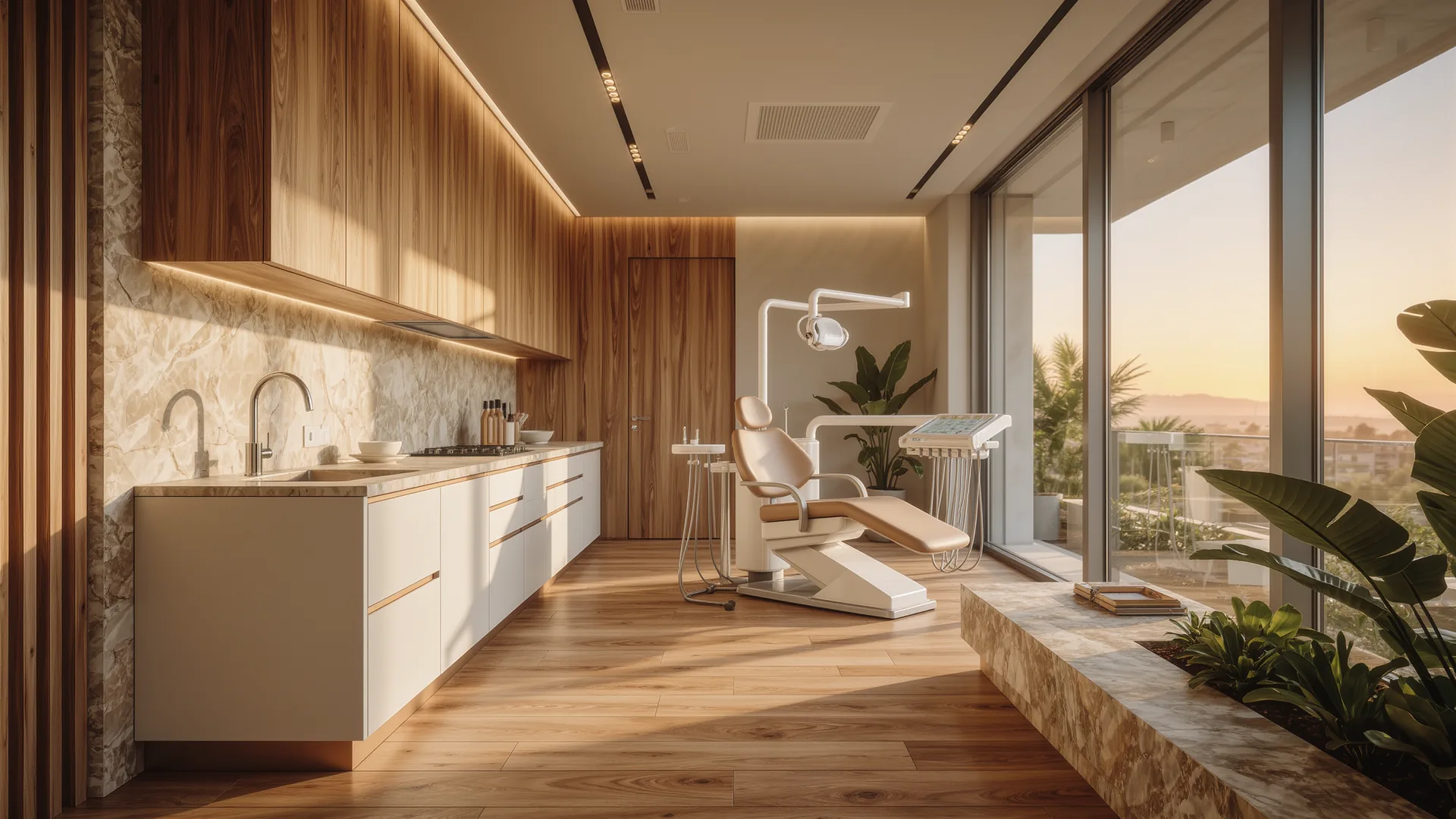 Interior de clínica dental moderna en blanco y madera con superficies impecables
