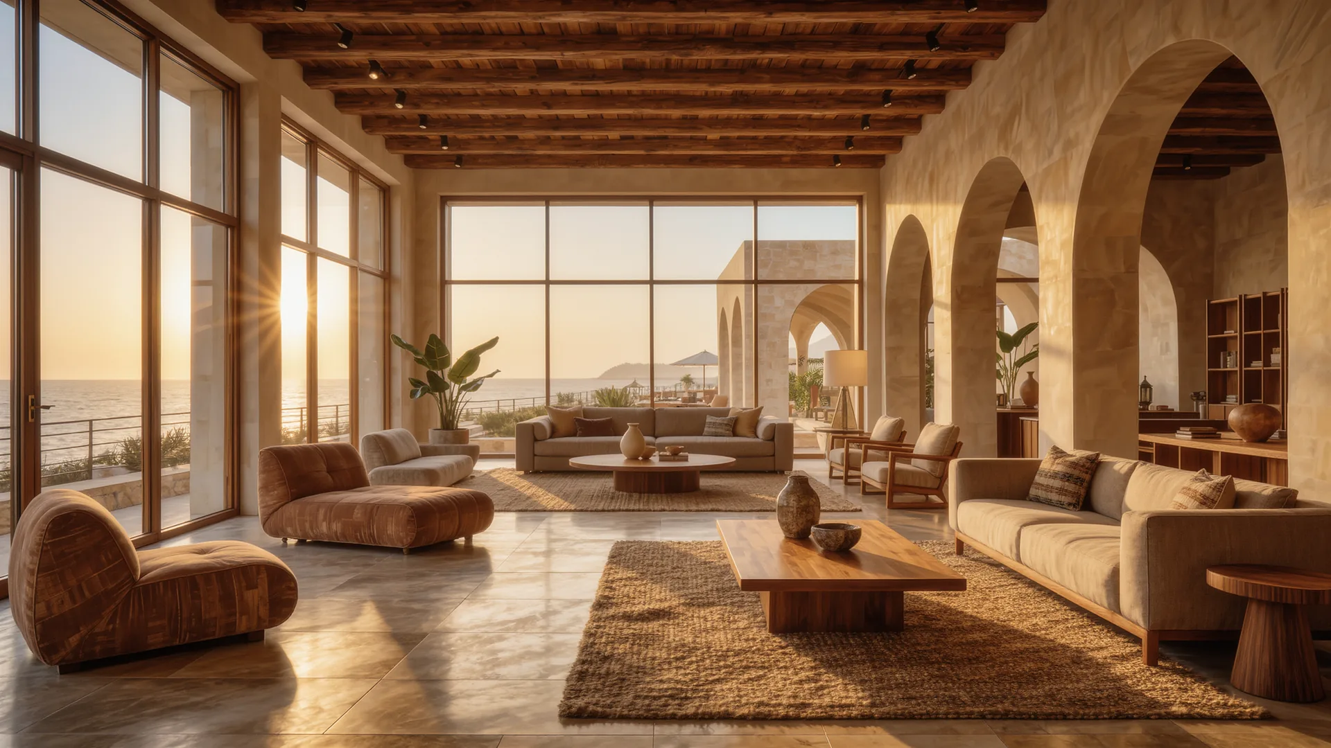 Showroom de mobiliario de diseño en tonos naturales con techo alto