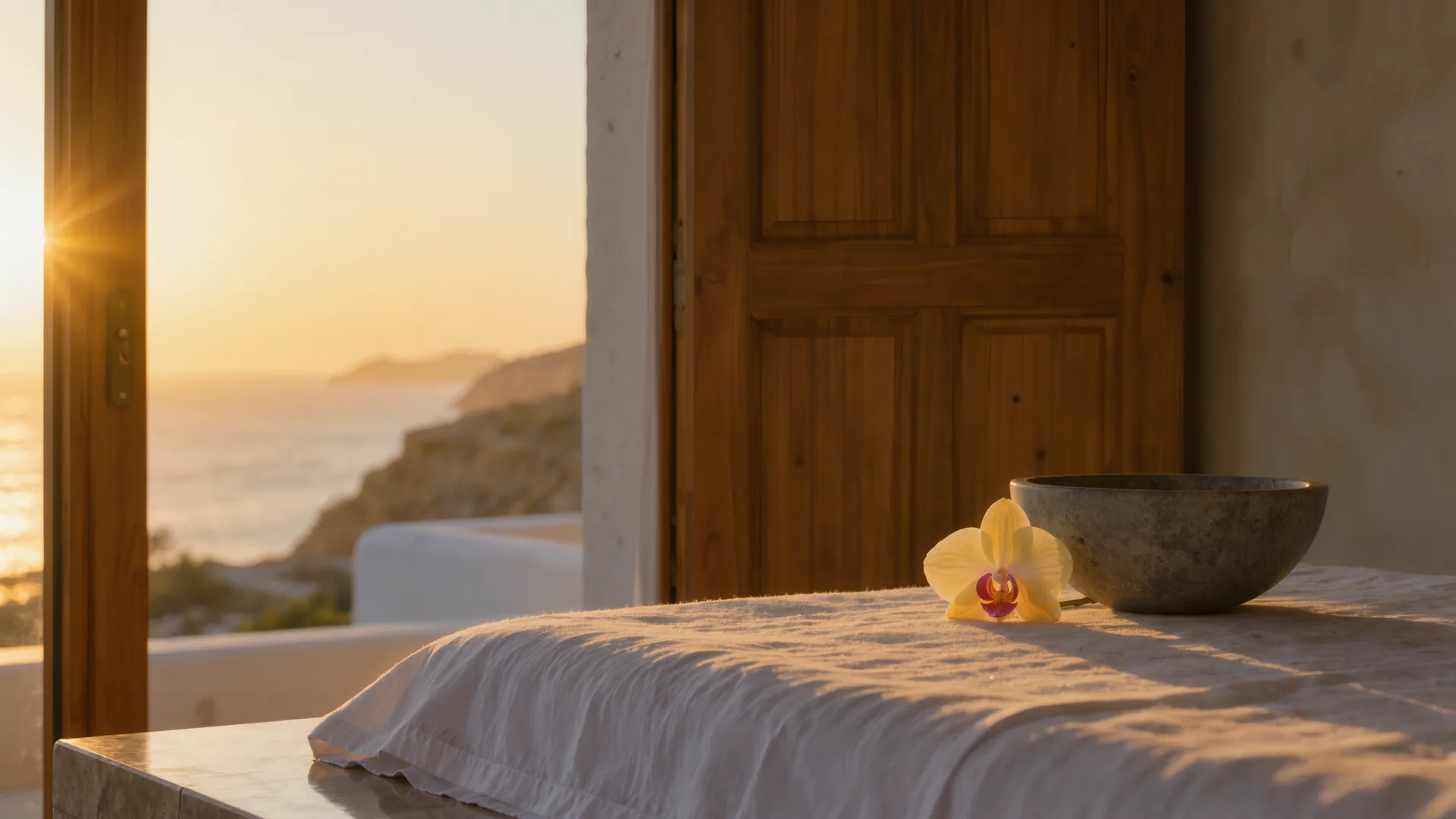 Cabina de tratamiento serena con lino blanco, cuenco de piedra y una orquídea