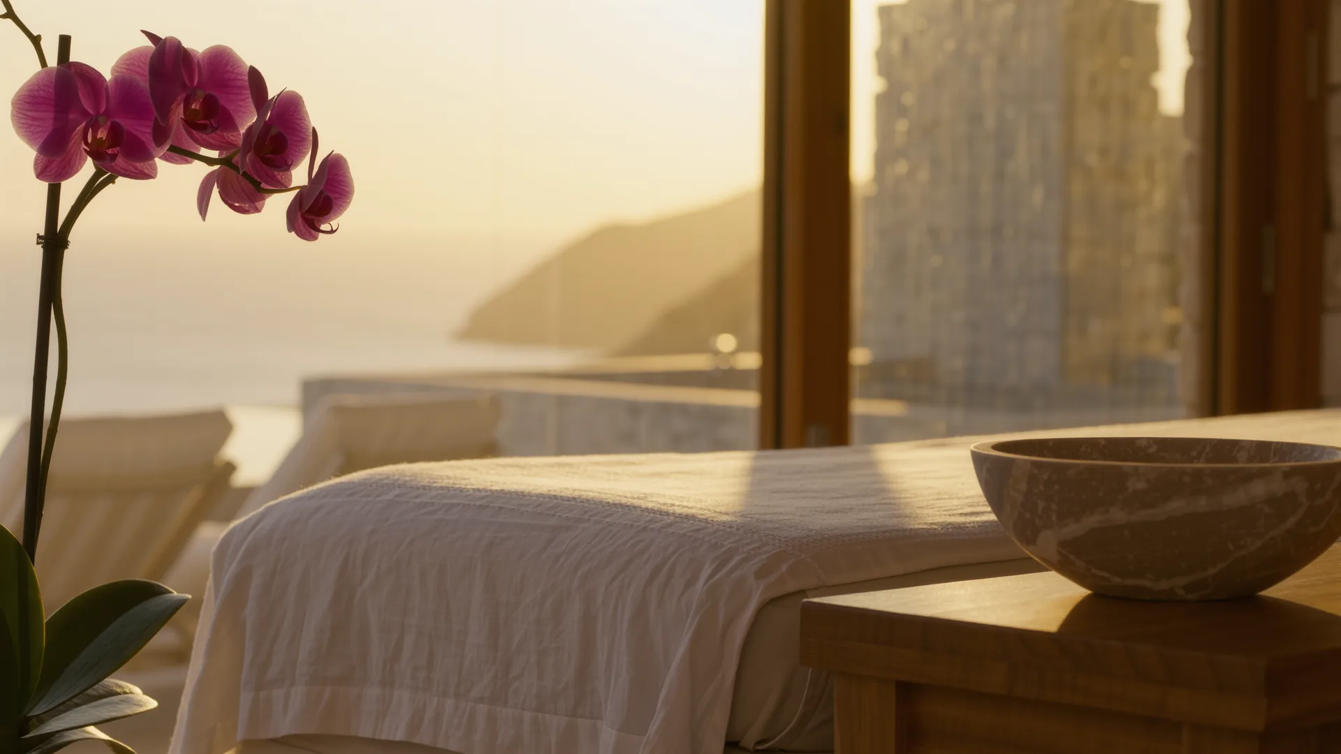Cabina de tratamiento serena con lino blanco, cuenco de piedra y una orquídea