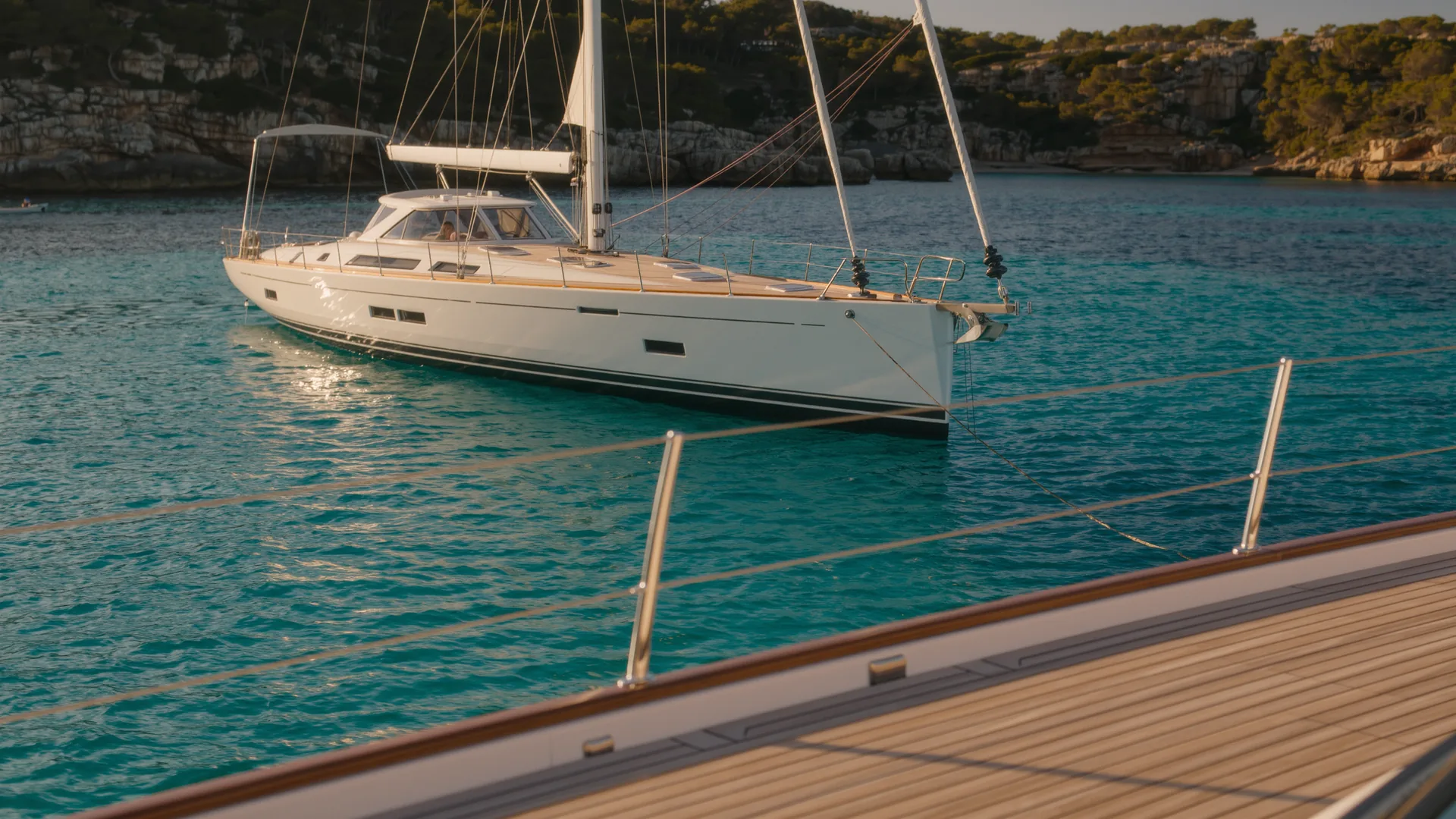 Velero fondeado en una cala turquesa de Mallorca al atardecer