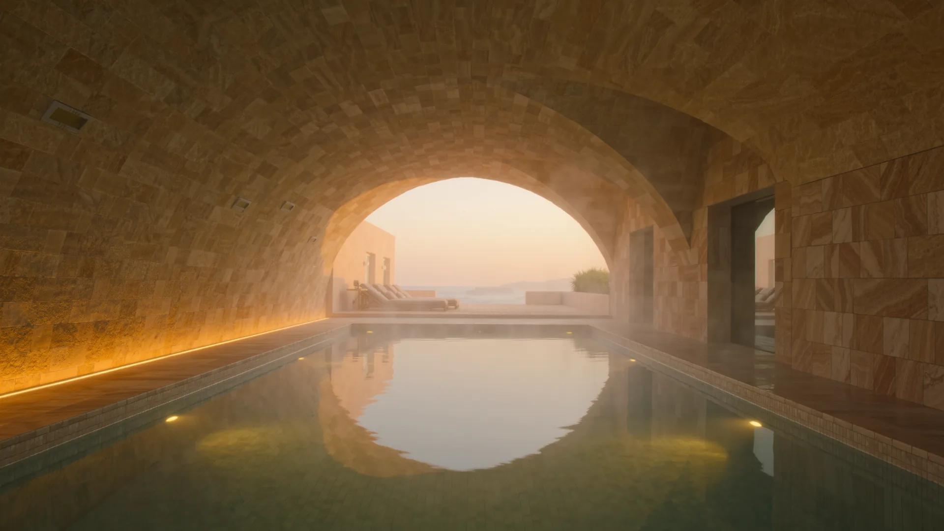 Piscina de spa iluminada desde el fondo en una sala abovedada de piedra