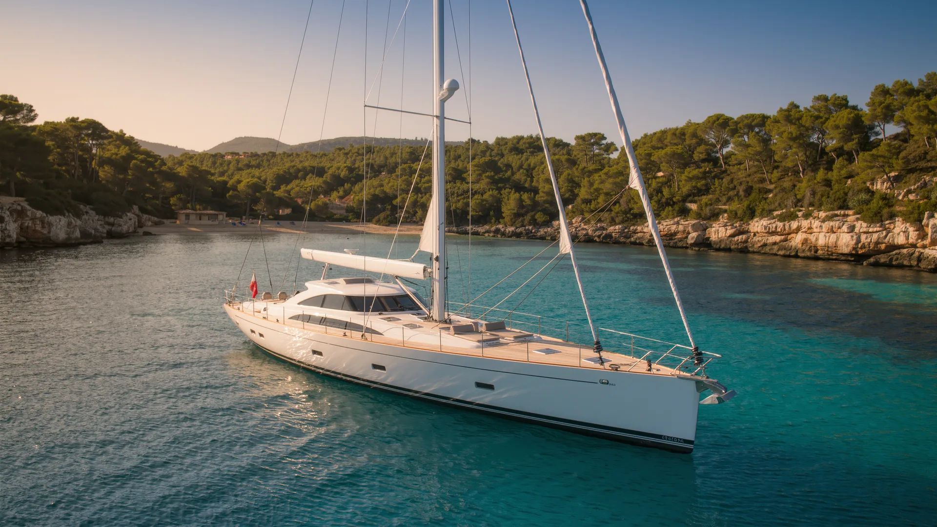 Velero fondeado en una cala turquesa de Mallorca al atardecer