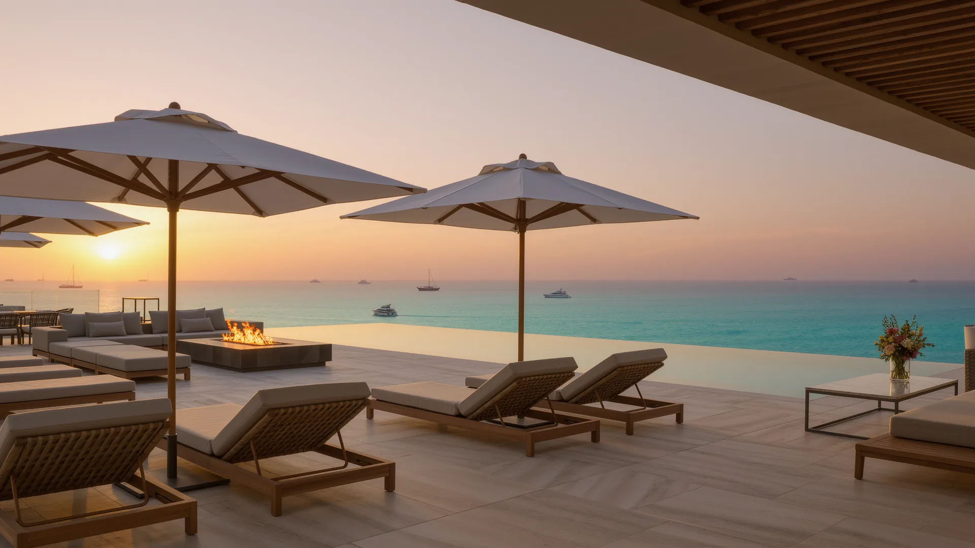 Terraza de piscina de resort con sombrillas frente al mar al atardecer