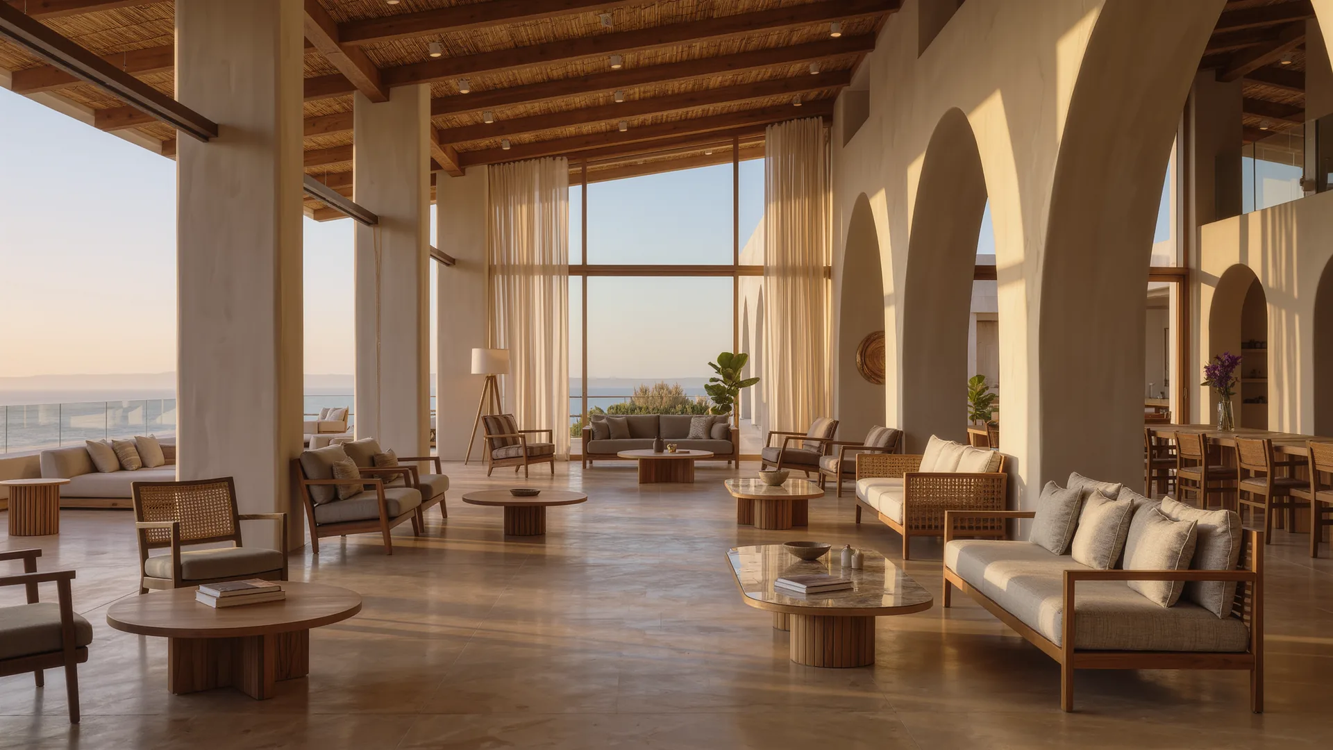 Showroom de mobiliario de diseño en tonos naturales con techo alto