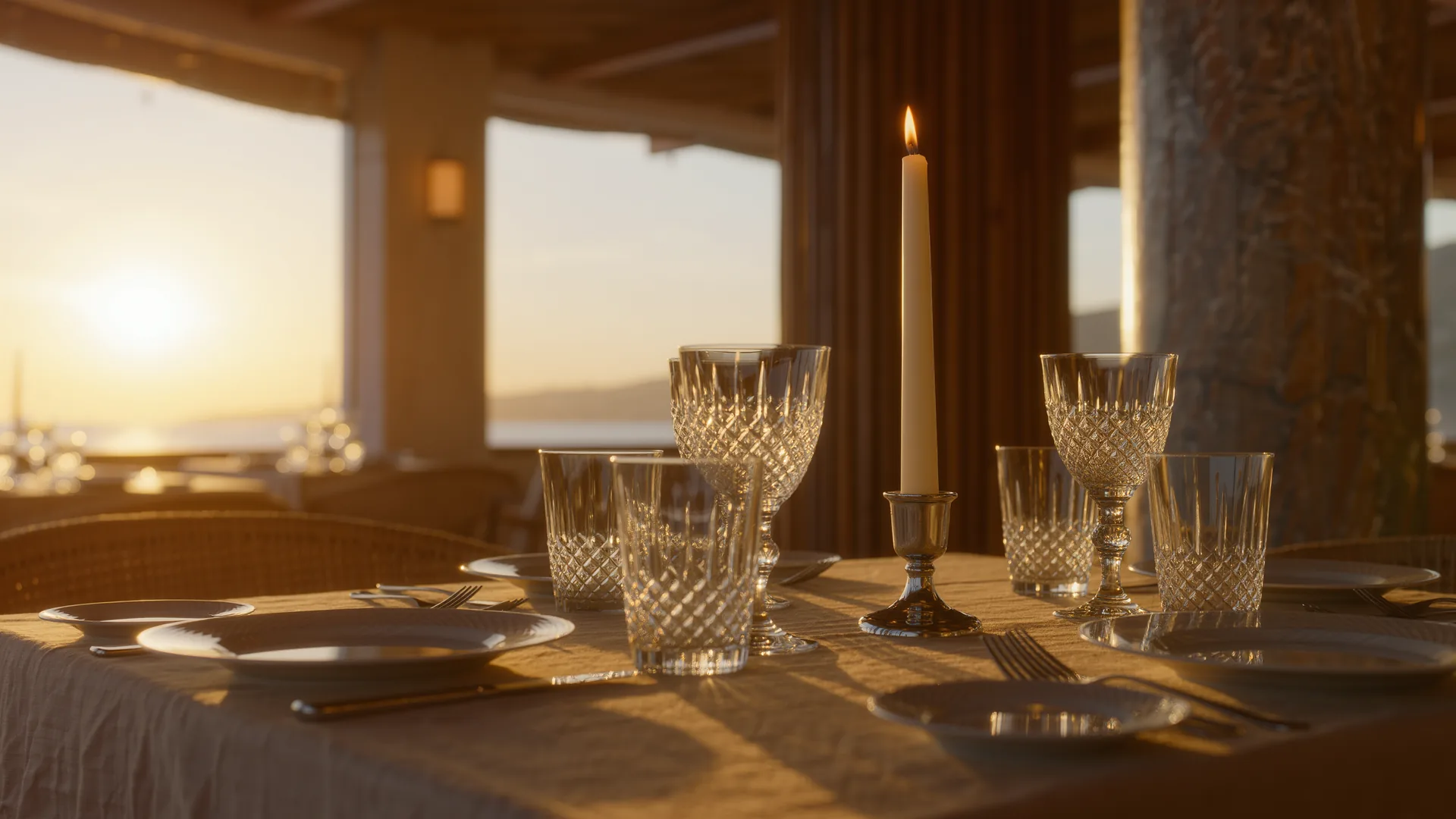 Mesa vestida con mantelería, cristalería y luz de vela, con el comedor desenfocado detrás