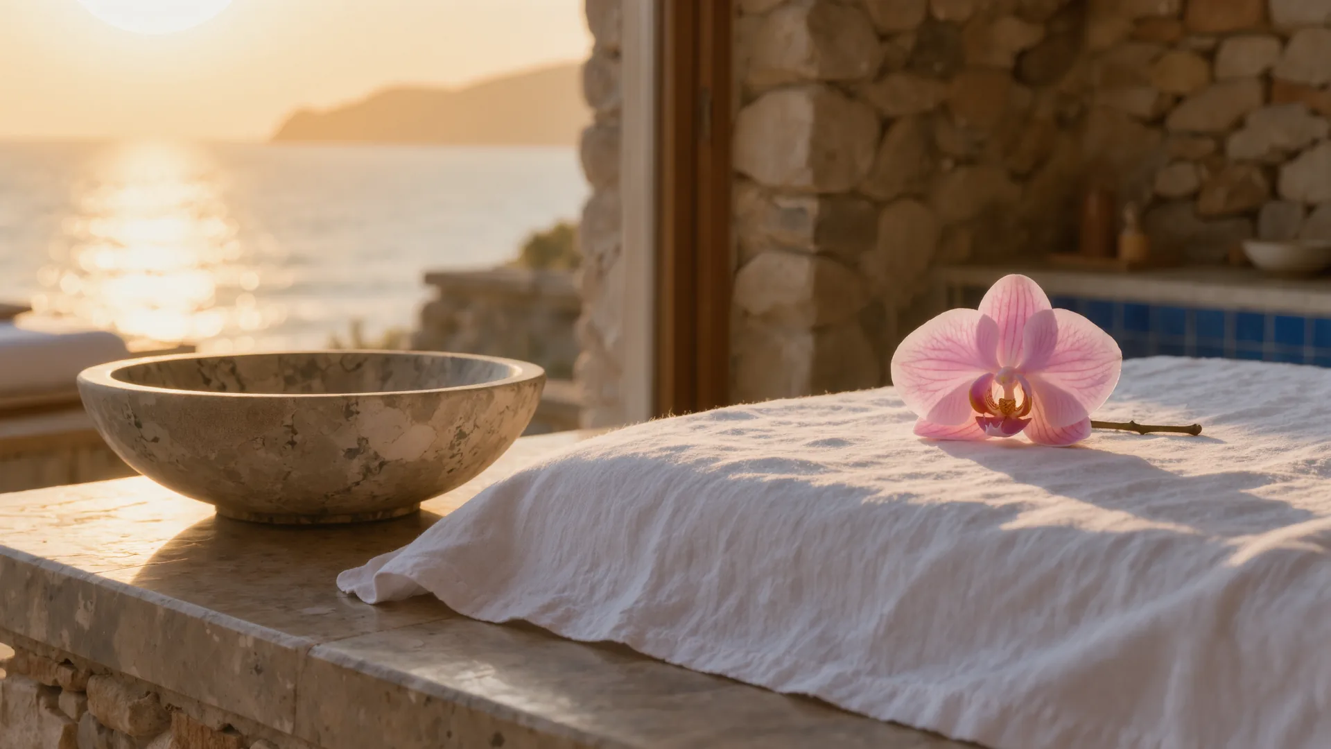 Cabina de tratamiento serena con lino blanco, cuenco de piedra y una orquídea