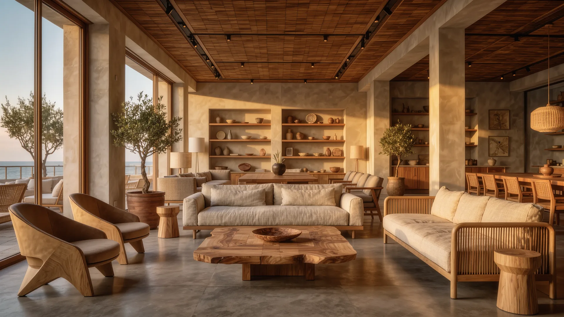 Showroom de mobiliario de diseño en tonos naturales con techo alto