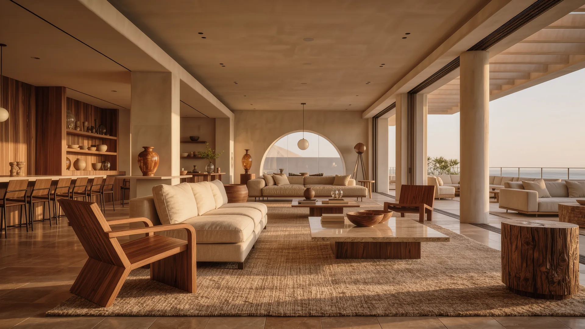 Showroom de mobiliario de diseño en tonos naturales con techo alto
