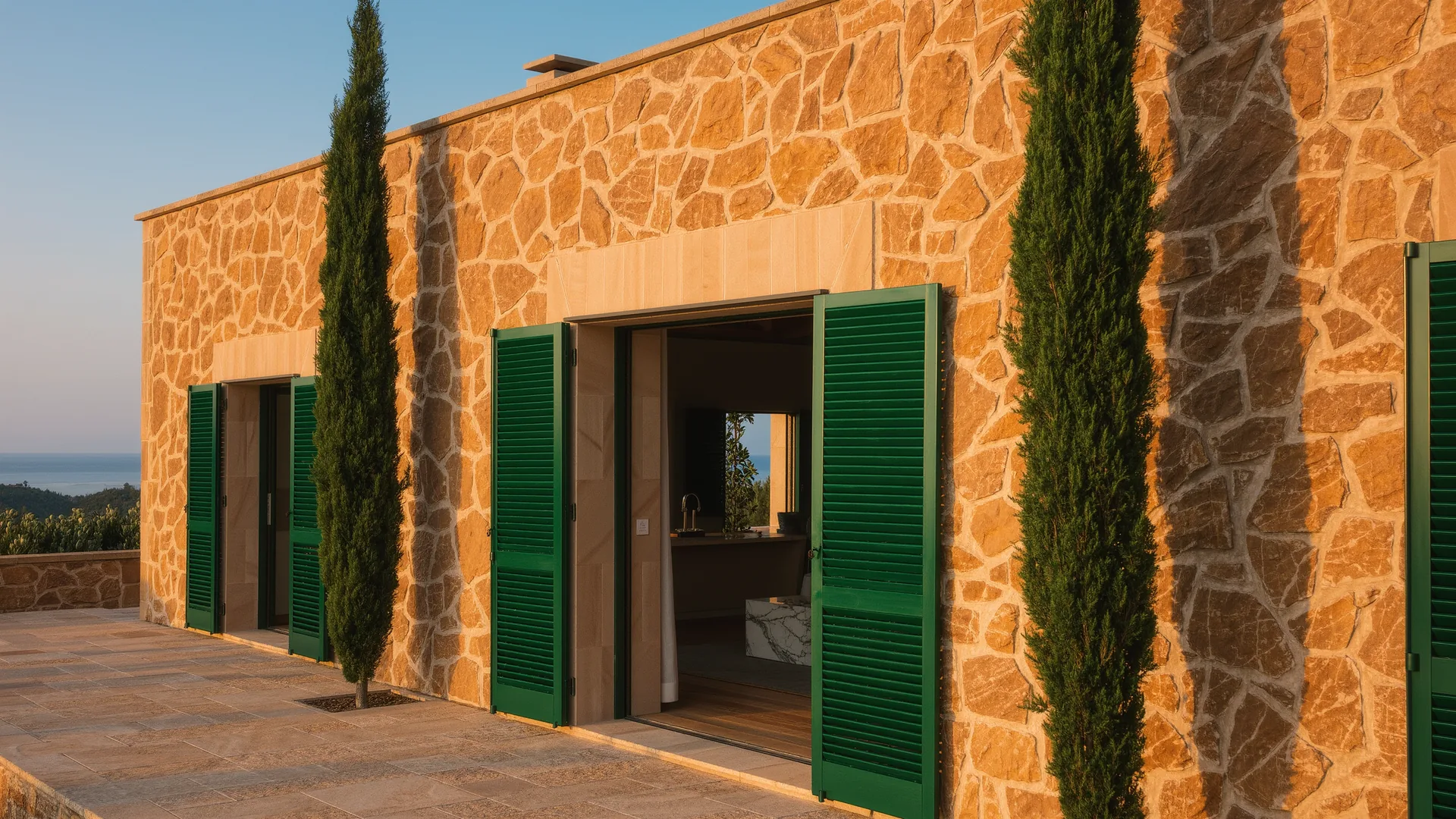 Finca mallorquina de piedra dorada con contraventanas verdes y cipreses al atardecer