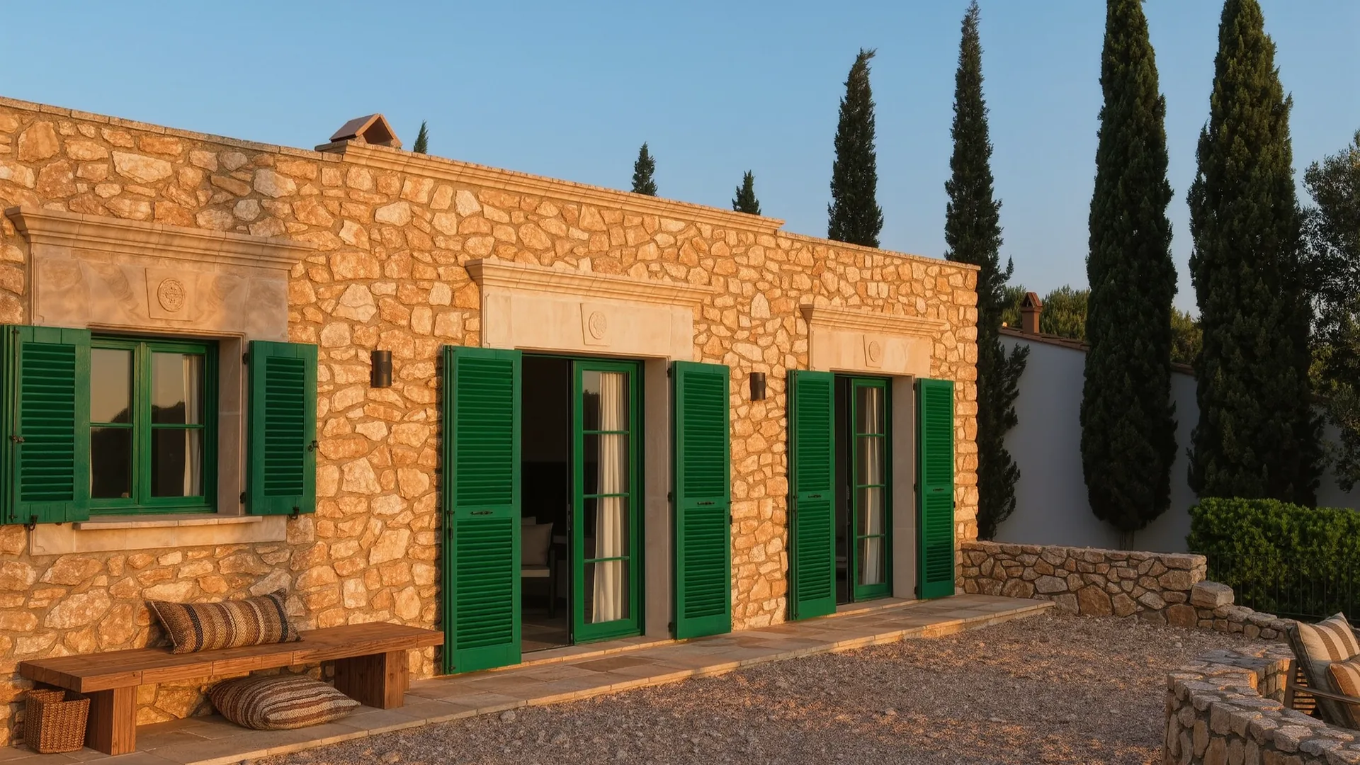 Finca mallorquina de piedra dorada con contraventanas verdes y cipreses al atardecer