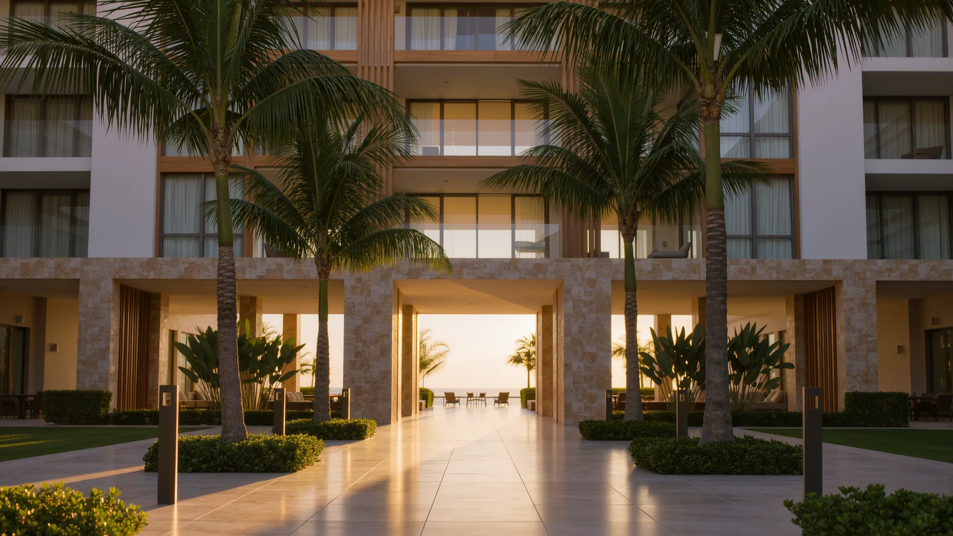 Patio de un edificio de apartamentos con palmeras y solado limpio a primera hora