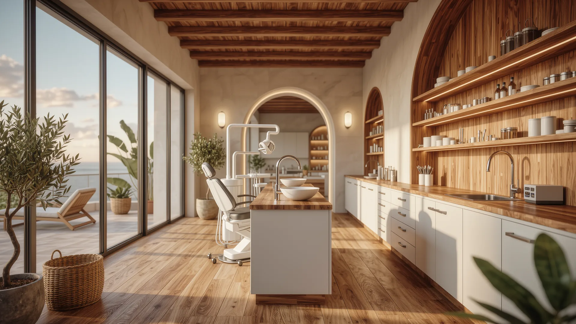 Interior de clínica dental moderna en blanco y madera con superficies impecables