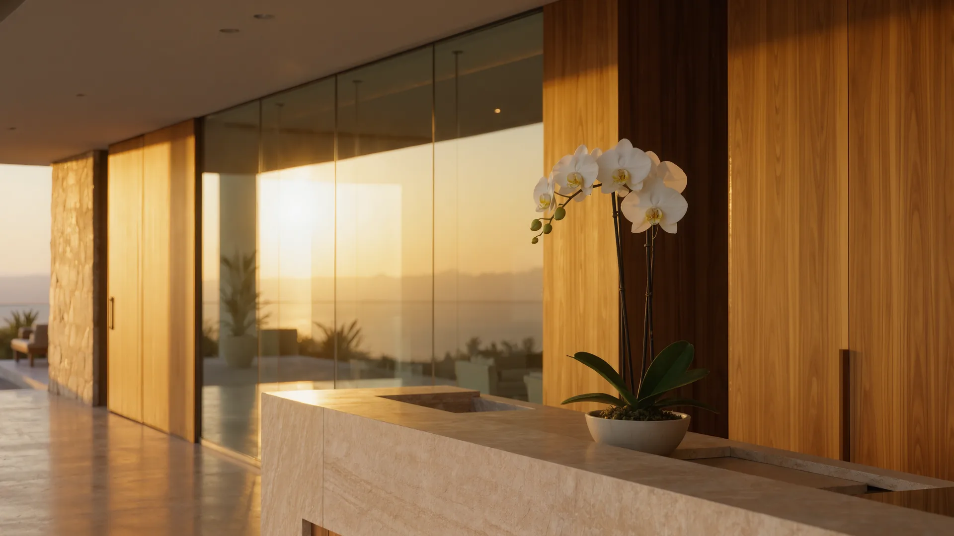 Recepción de clínica con orquídea y pared de cristal en tono claro