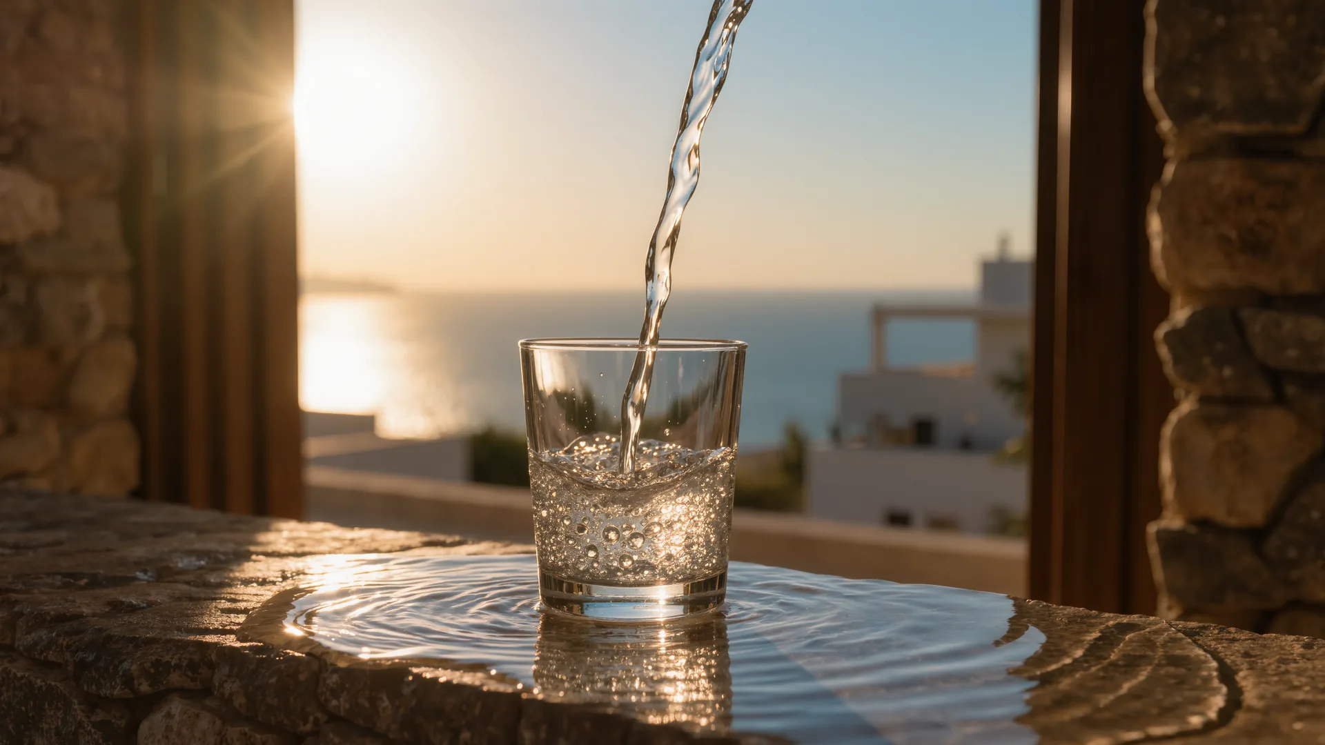 Agua clara cayendo en un vaso sobre una superficie de piedra a contraluz