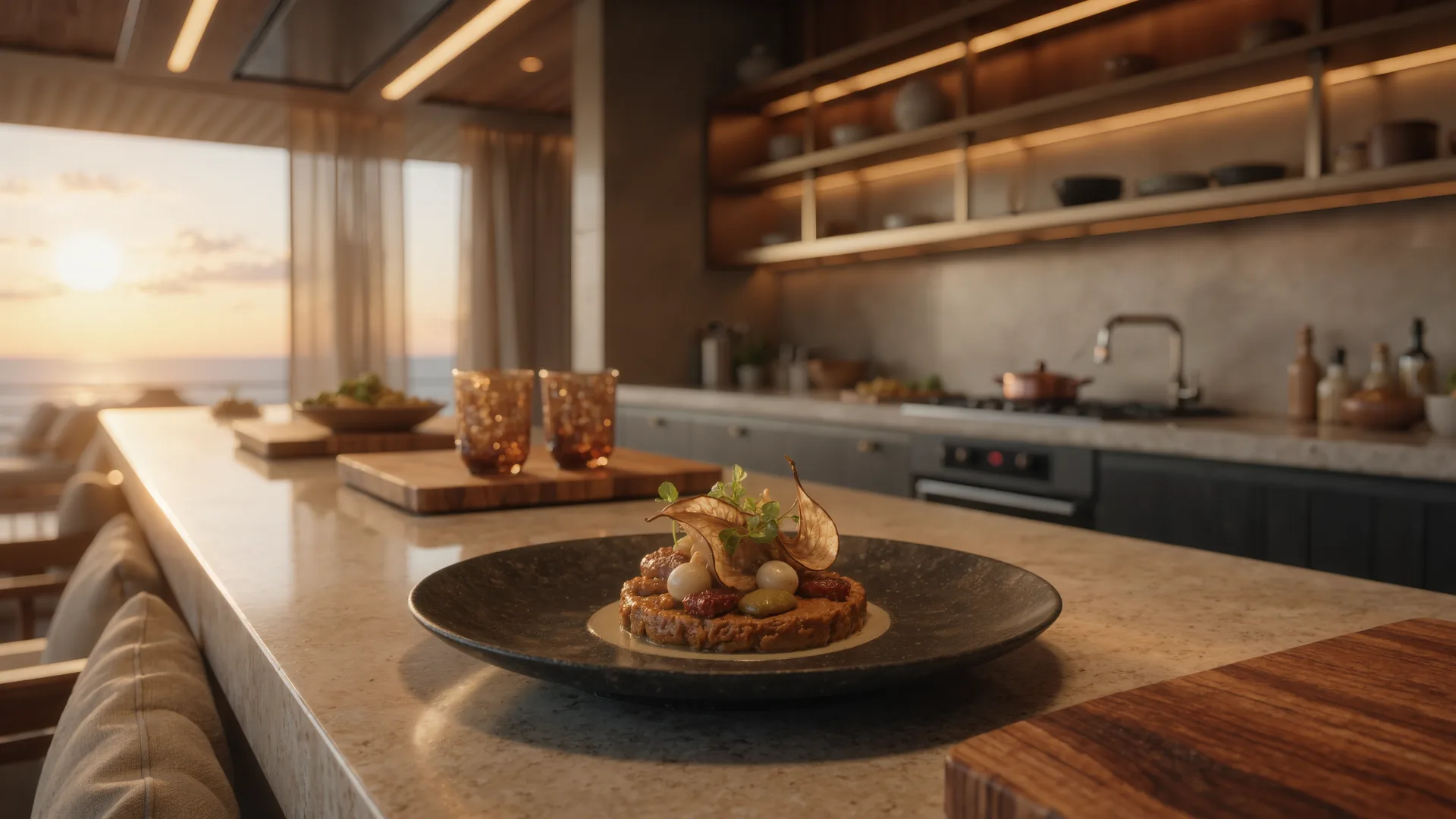 Plato de alta cocina emplatado en cerámica oscura con el pase de cocina al fondo