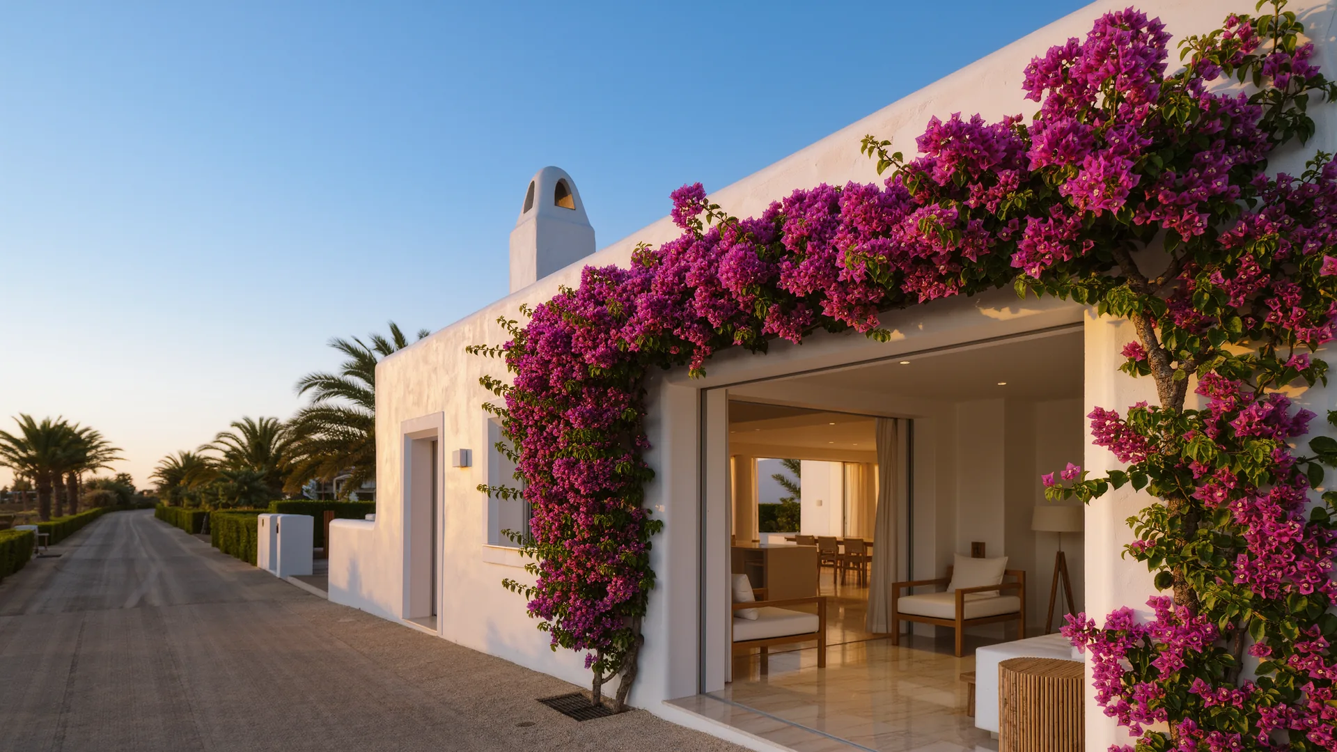 Casa blanca andaluza con buganvilla bajo un cielo despejado en una calle tranquila
