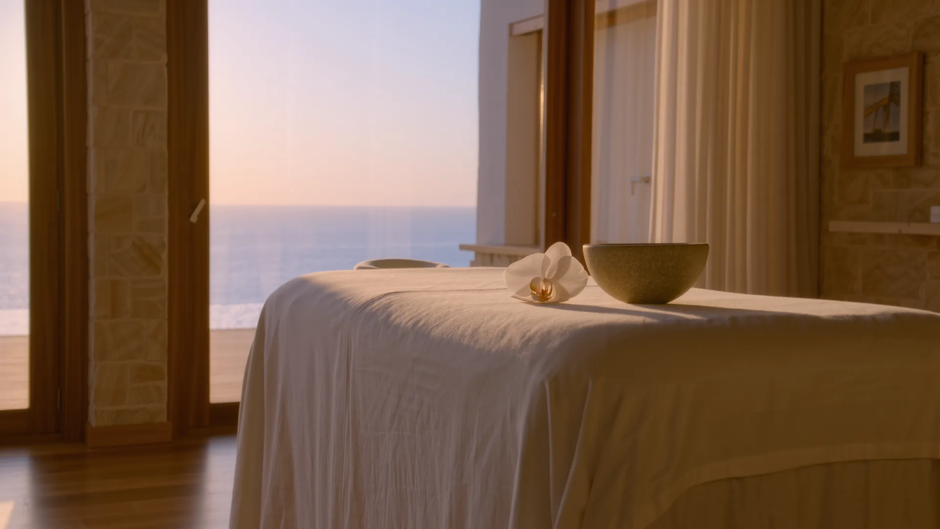 Cabina de tratamiento serena con lino blanco, cuenco de piedra y una orquídea