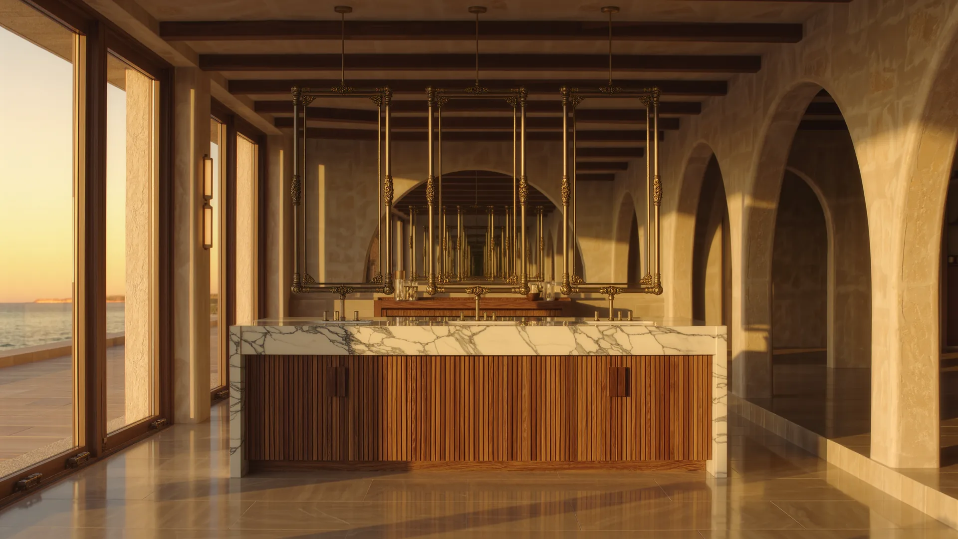 Interior elegante de peluquería con espejos de latón y encimera de mármol