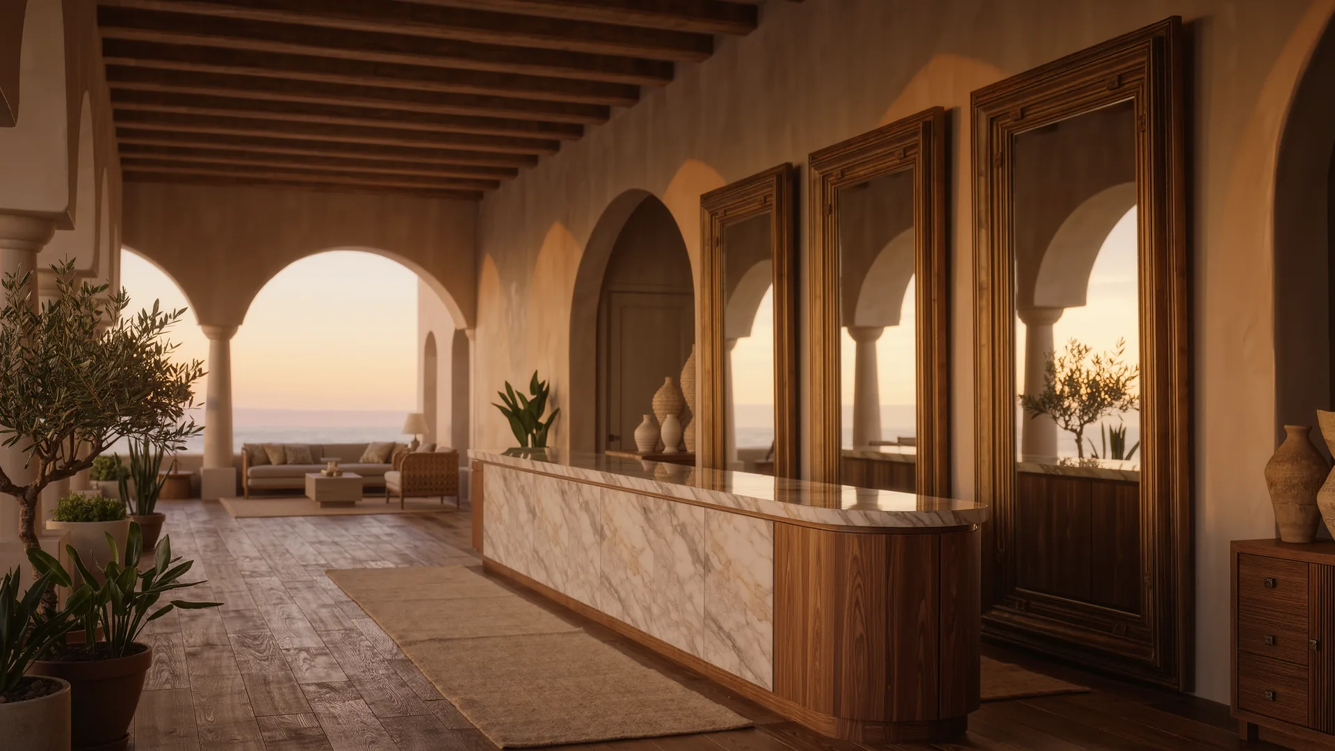 Interior elegante de peluquería con espejos de latón y encimera de mármol