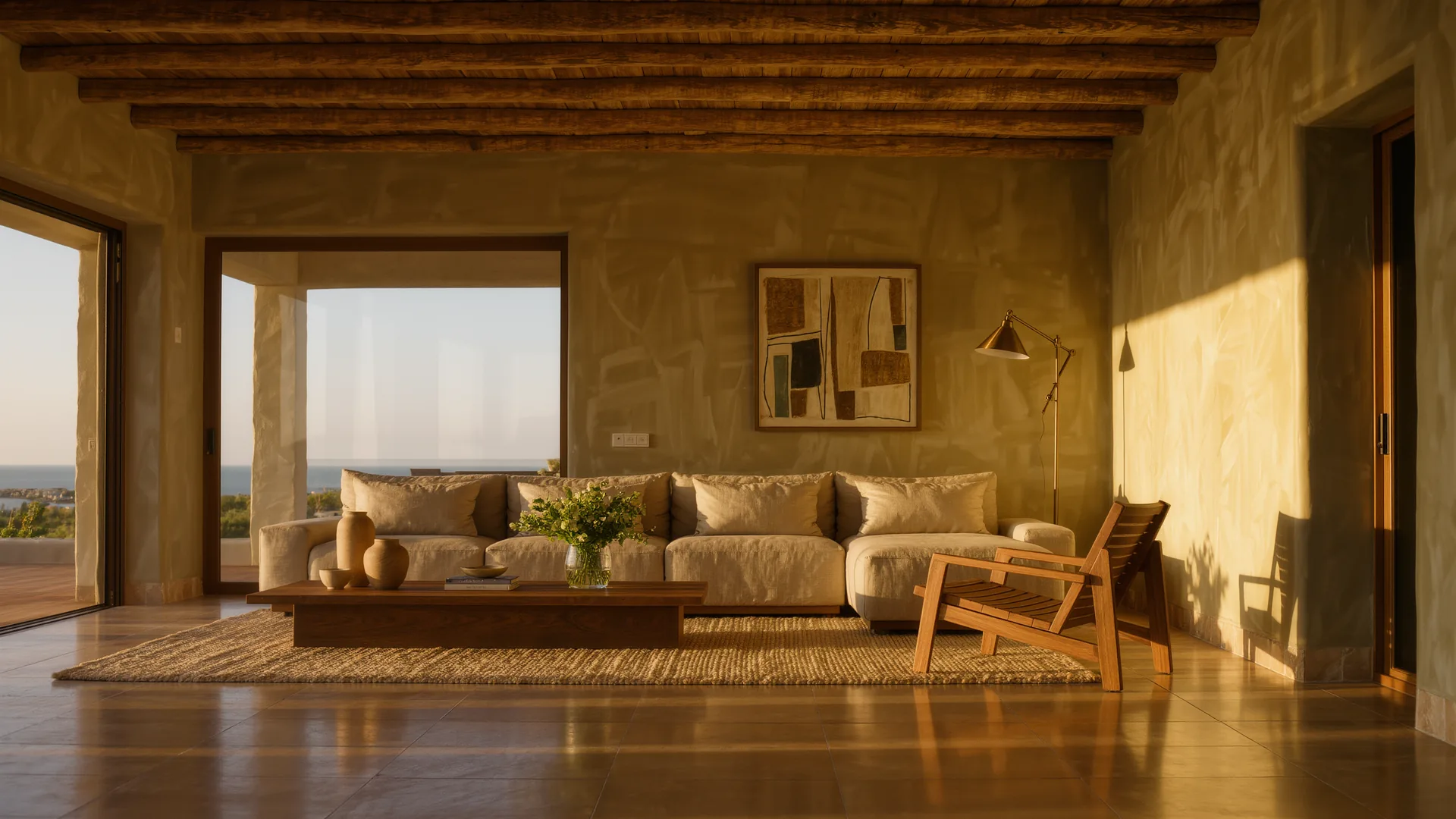Salón mediterráneo con paredes de cal, sofá de lino y vigas de roble