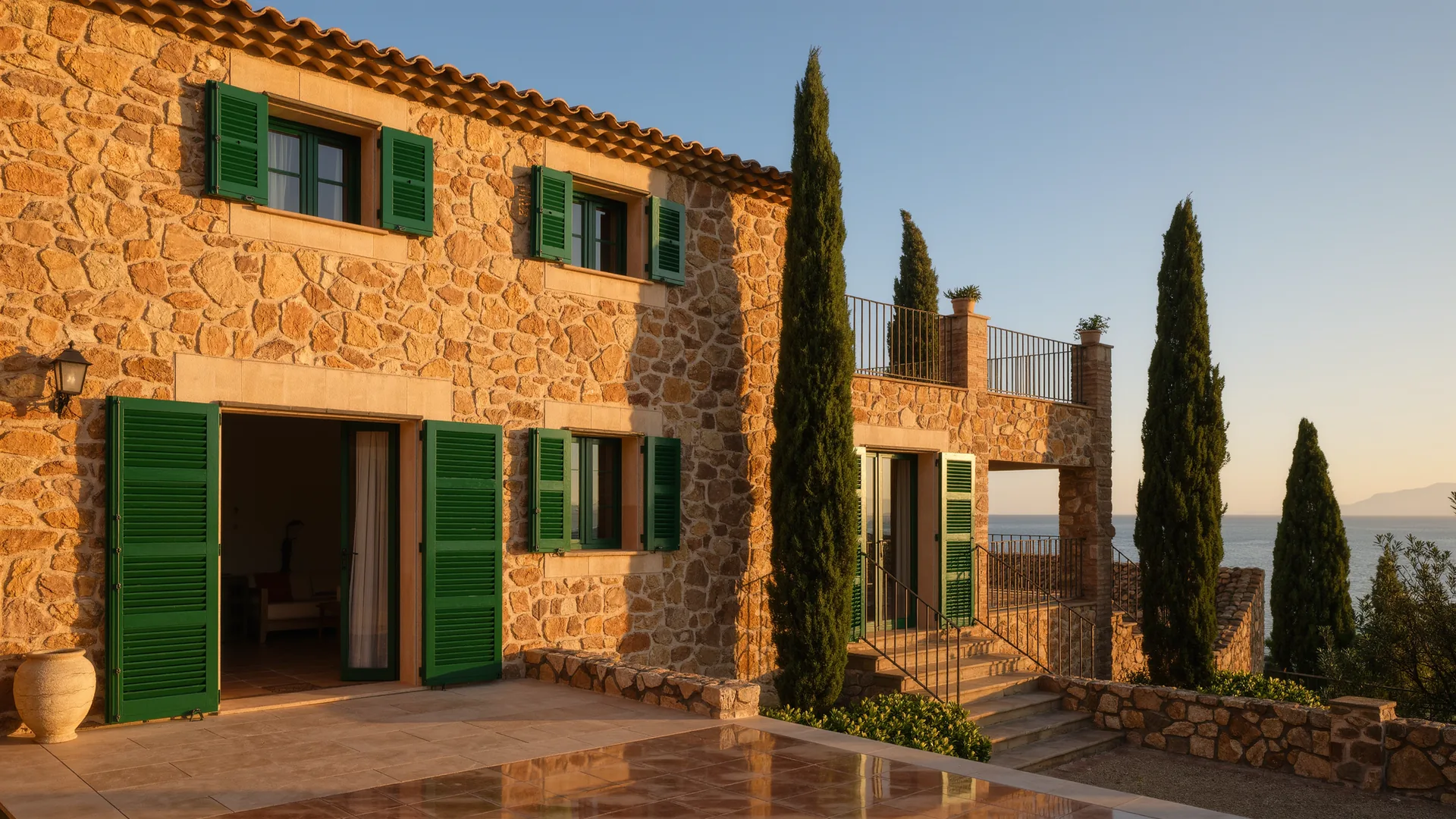 Finca mallorquina de piedra dorada con contraventanas verdes y cipreses al atardecer