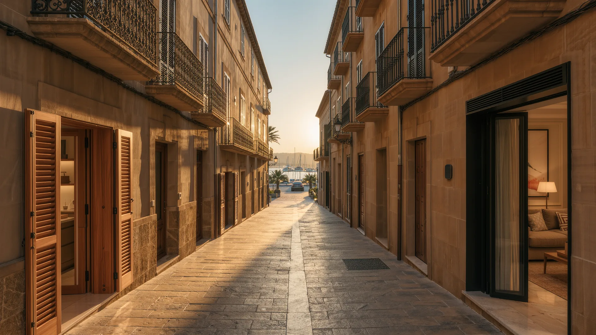 Calle del casco antiguo de Palma con fachadas de arenisca y balcones de forja