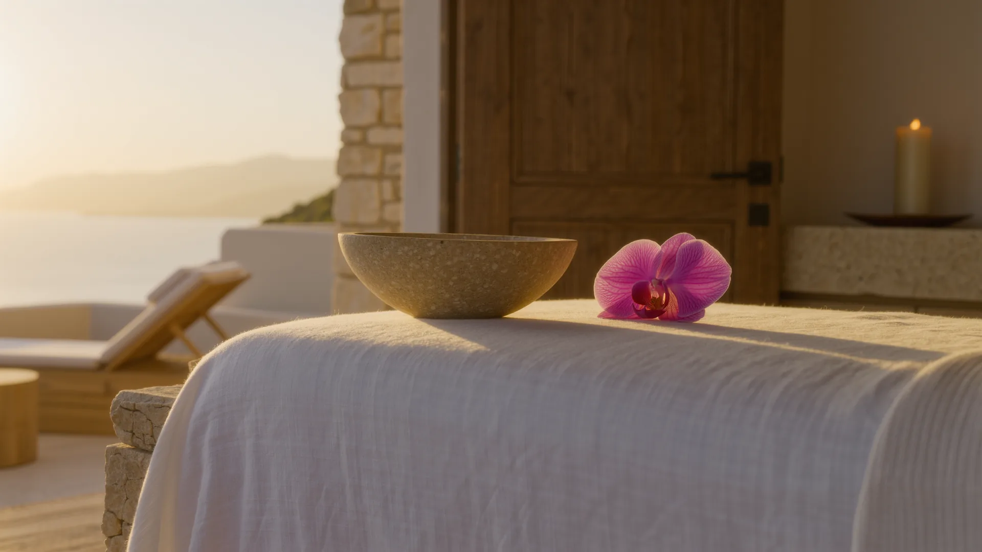 Cabina de tratamiento serena con lino blanco, cuenco de piedra y una orquídea