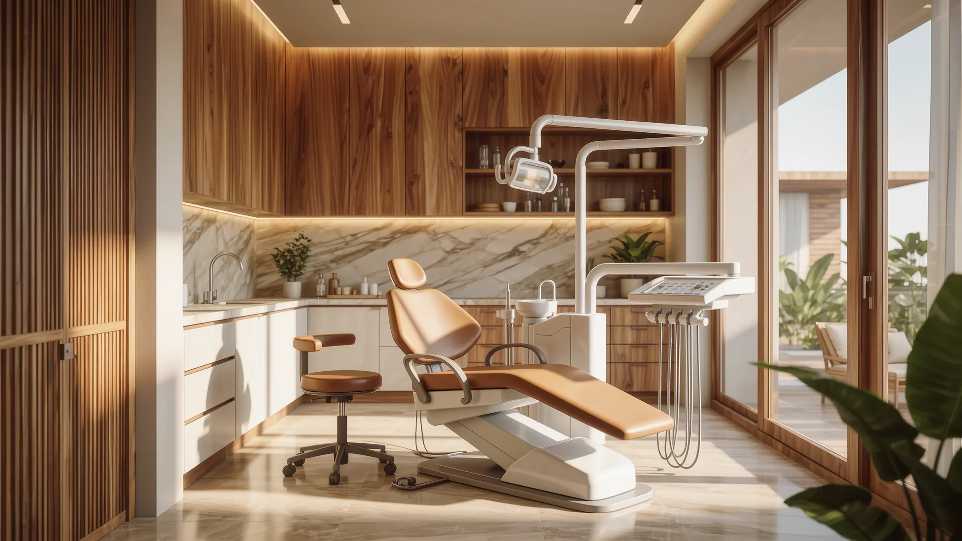 Interior de clínica dental moderna en blanco y madera con superficies impecables