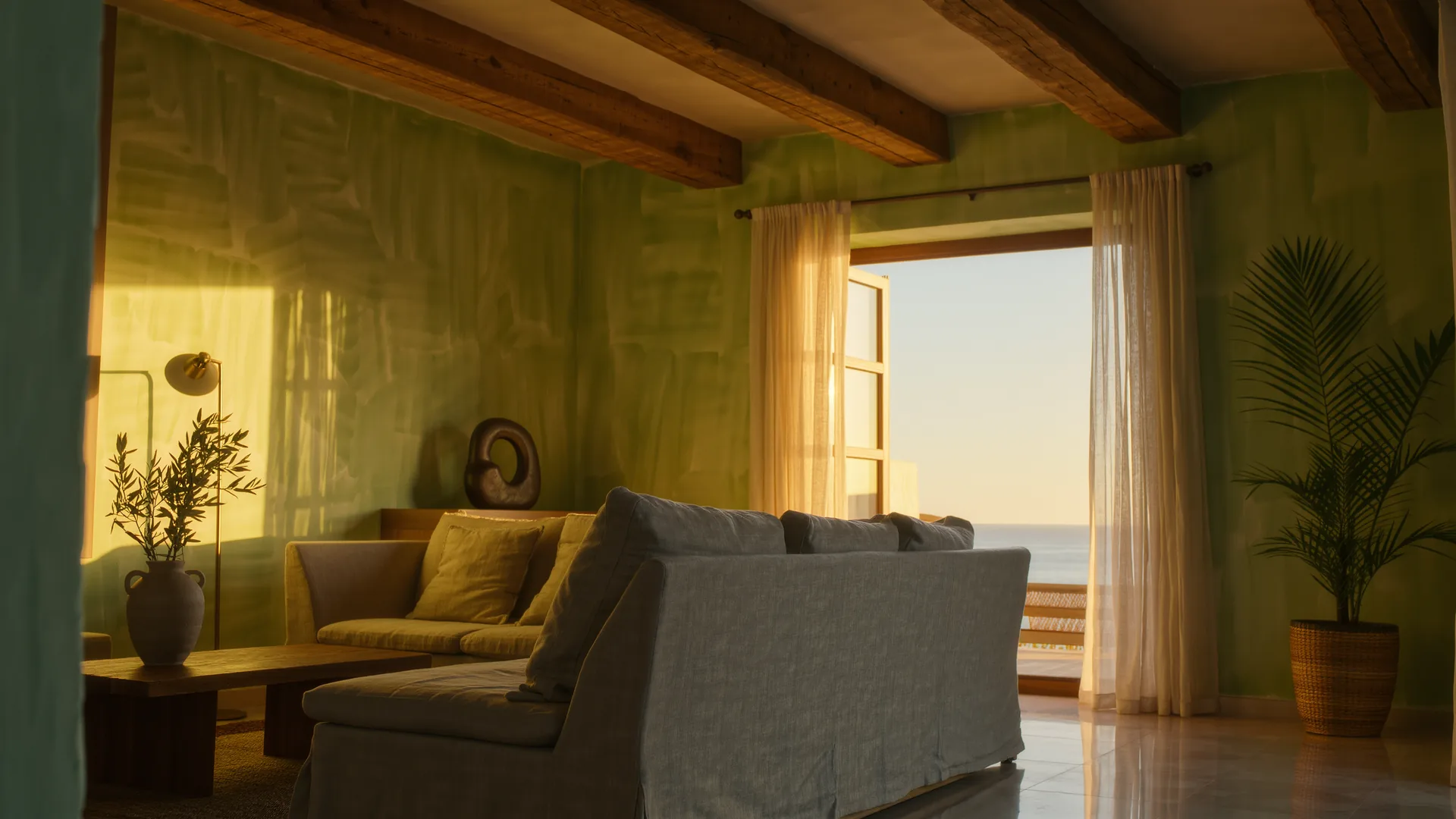 Salón mediterráneo con paredes de cal, sofá de lino y vigas de roble