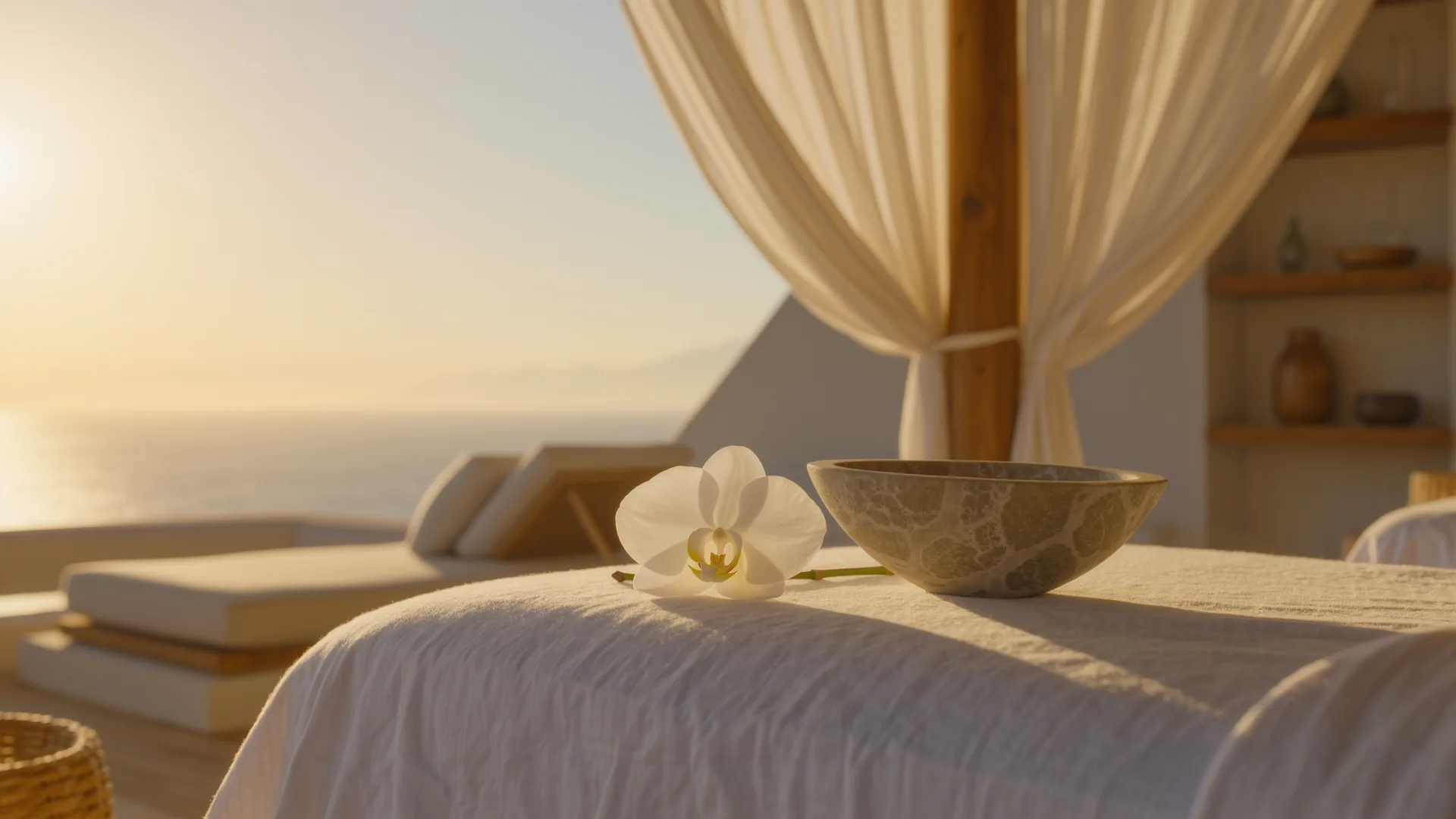Cabina de tratamiento serena con lino blanco, cuenco de piedra y una orquídea