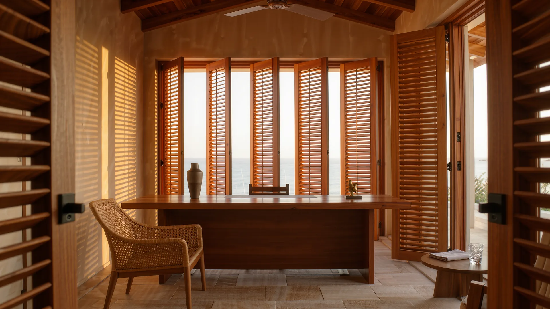 Consulta privada luminosa con escritorio de madera y contraventanas