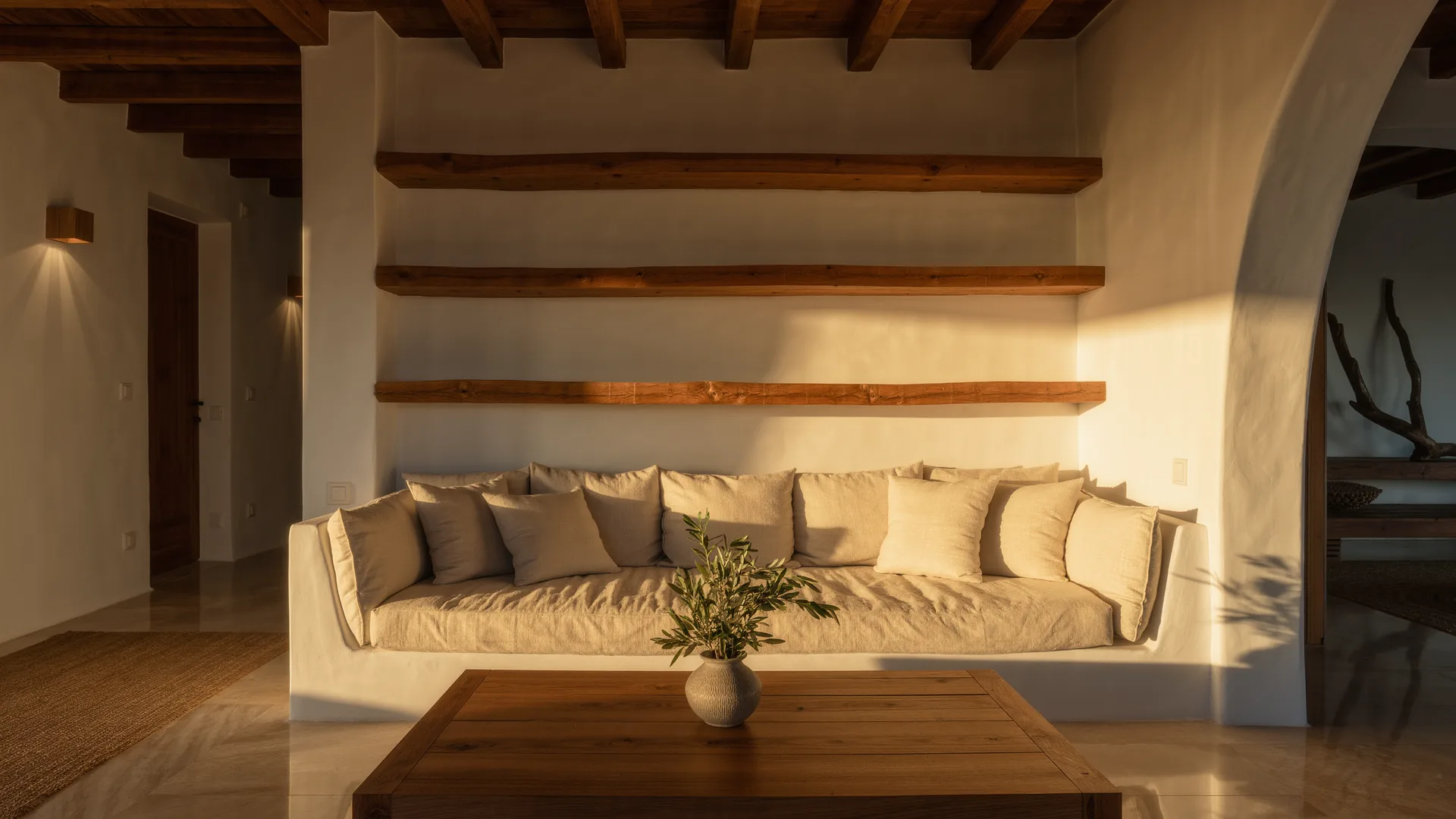 Salón mediterráneo con paredes de cal, sofá de lino y vigas de roble