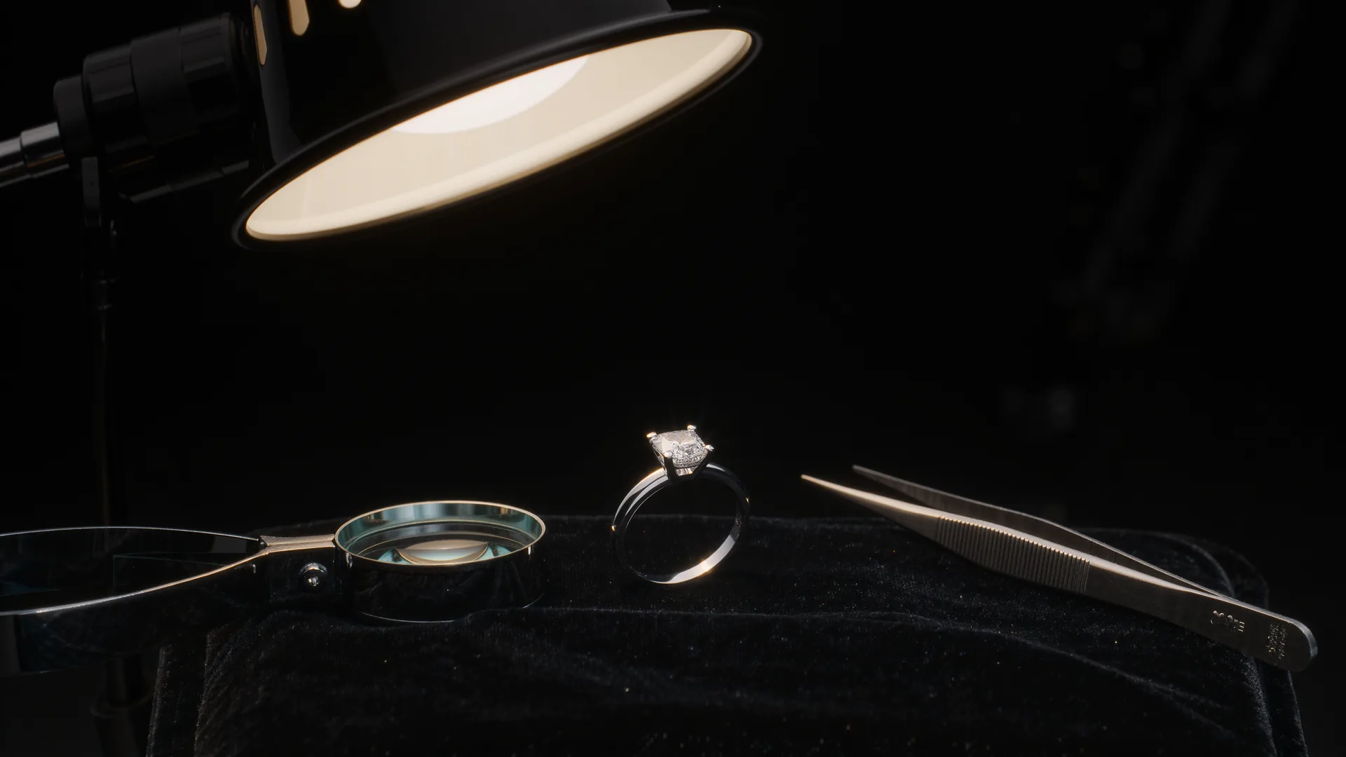 Anillo de diamantes sobre terciopelo negro bajo la lámpara del joyero, con lupa y pinzas