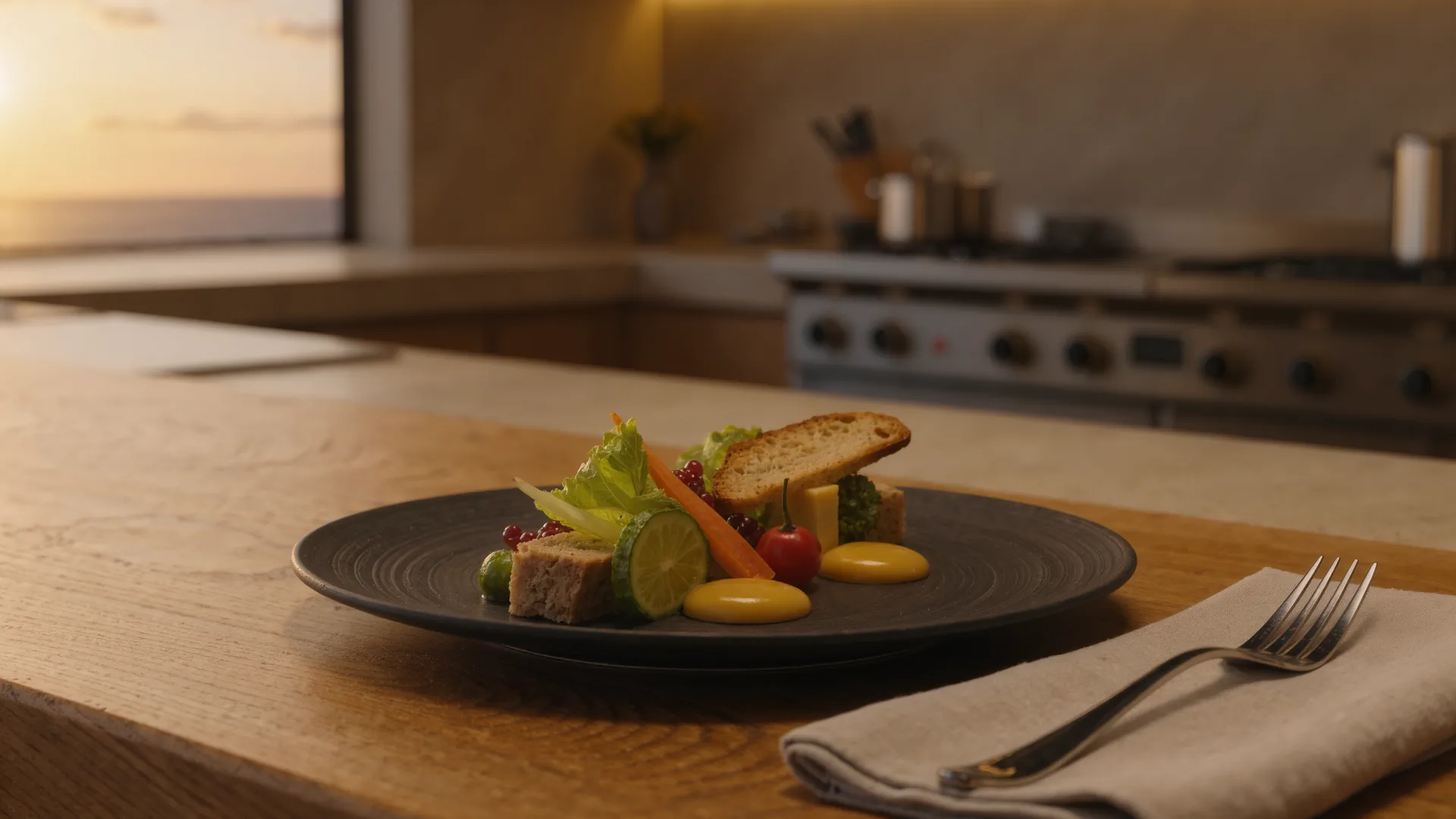 Plato de alta cocina emplatado en cerámica oscura con el pase de cocina al fondo