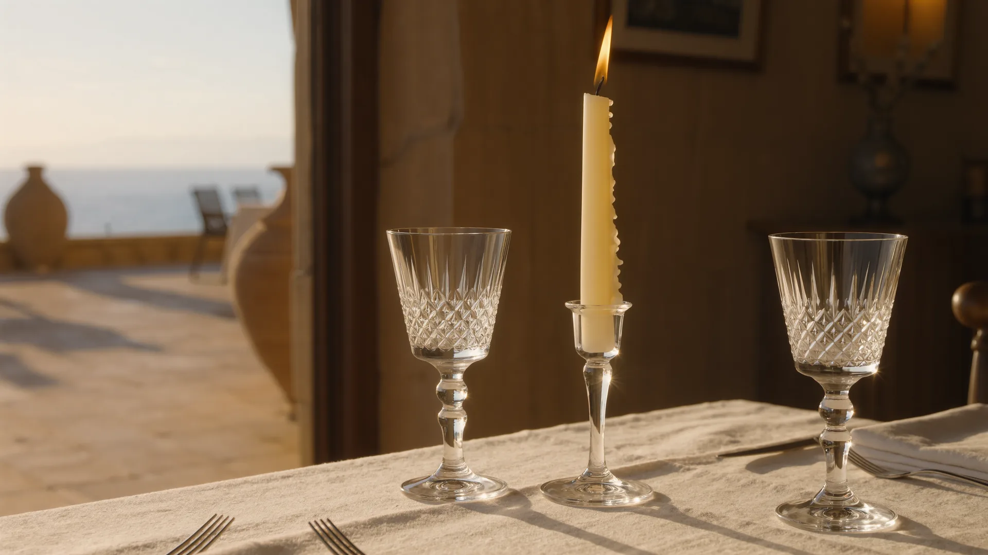 Mesa vestida con mantelería, cristalería y luz de vela, con el comedor desenfocado detrás