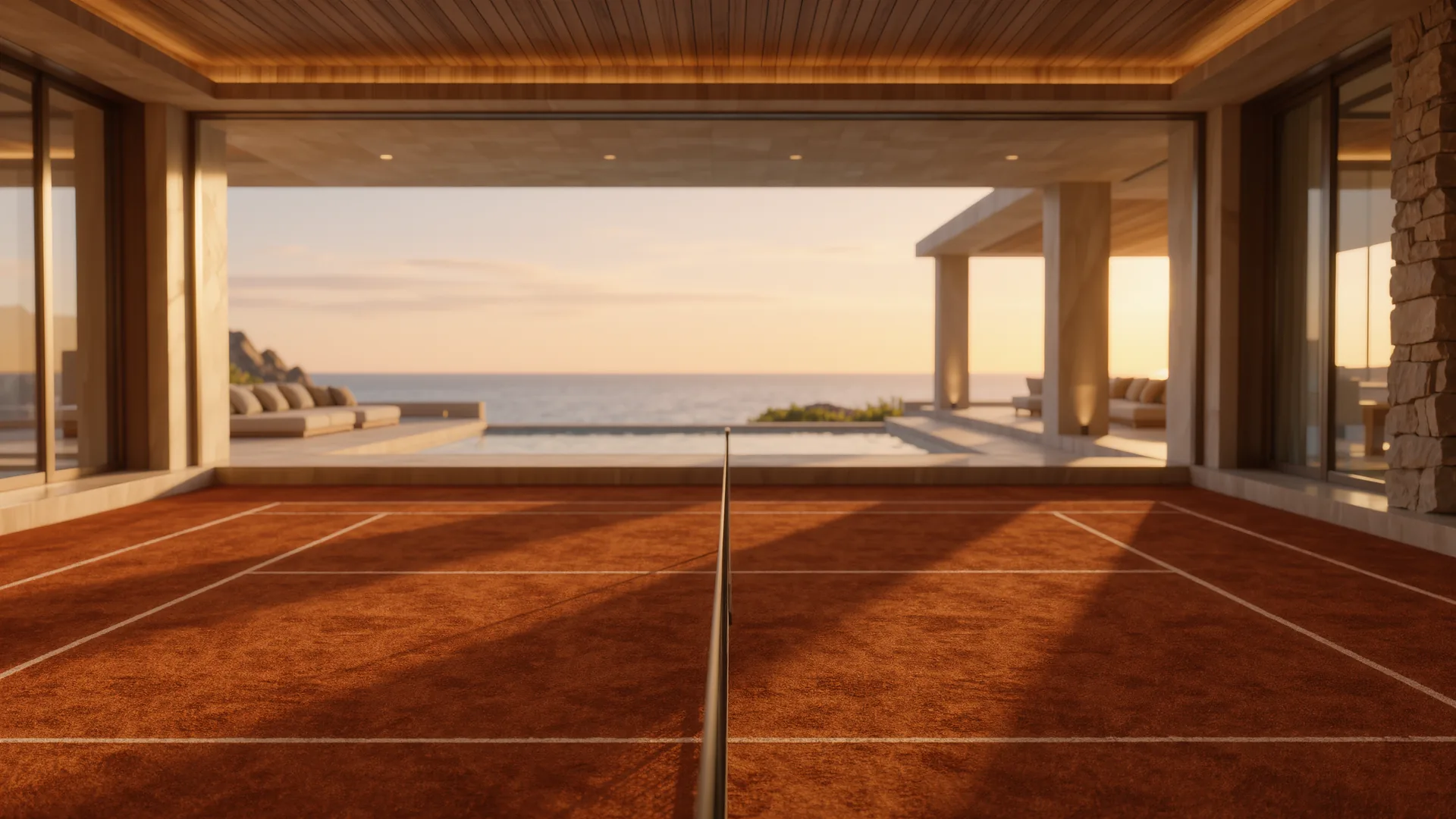 Pista de tenis de tierra batida recién barrida con sombras largas