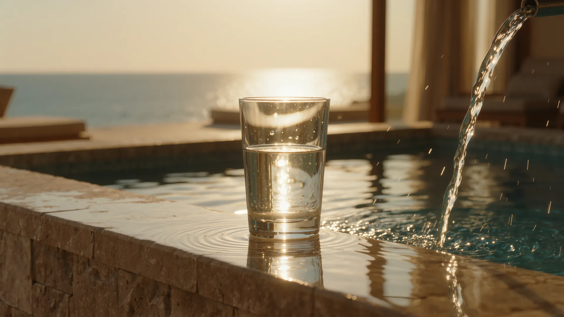 Agua clara cayendo en un vaso sobre una superficie de piedra a contraluz