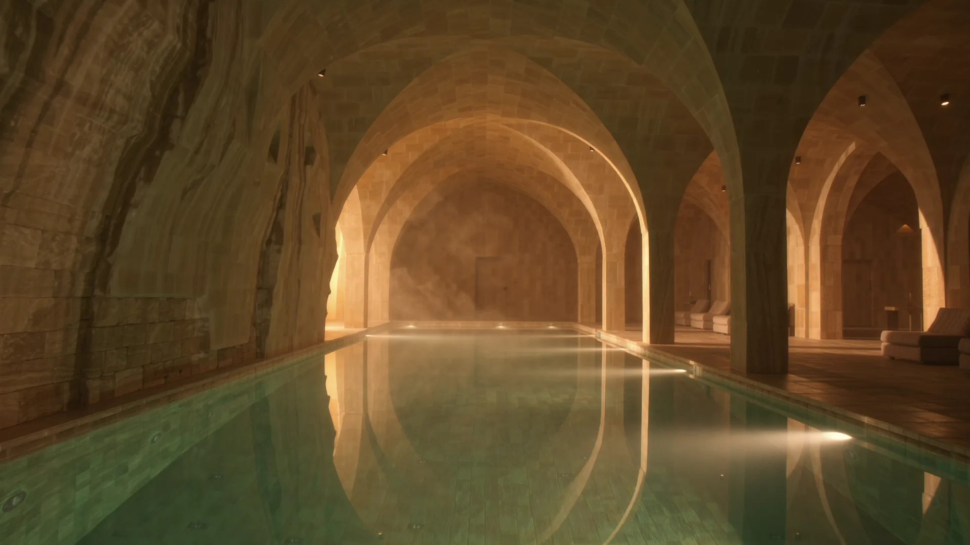 Piscina de spa iluminada desde el fondo en una sala abovedada de piedra