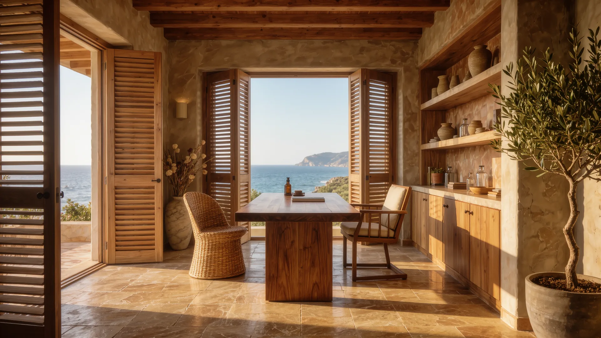 Consulta privada luminosa con escritorio de madera y contraventanas