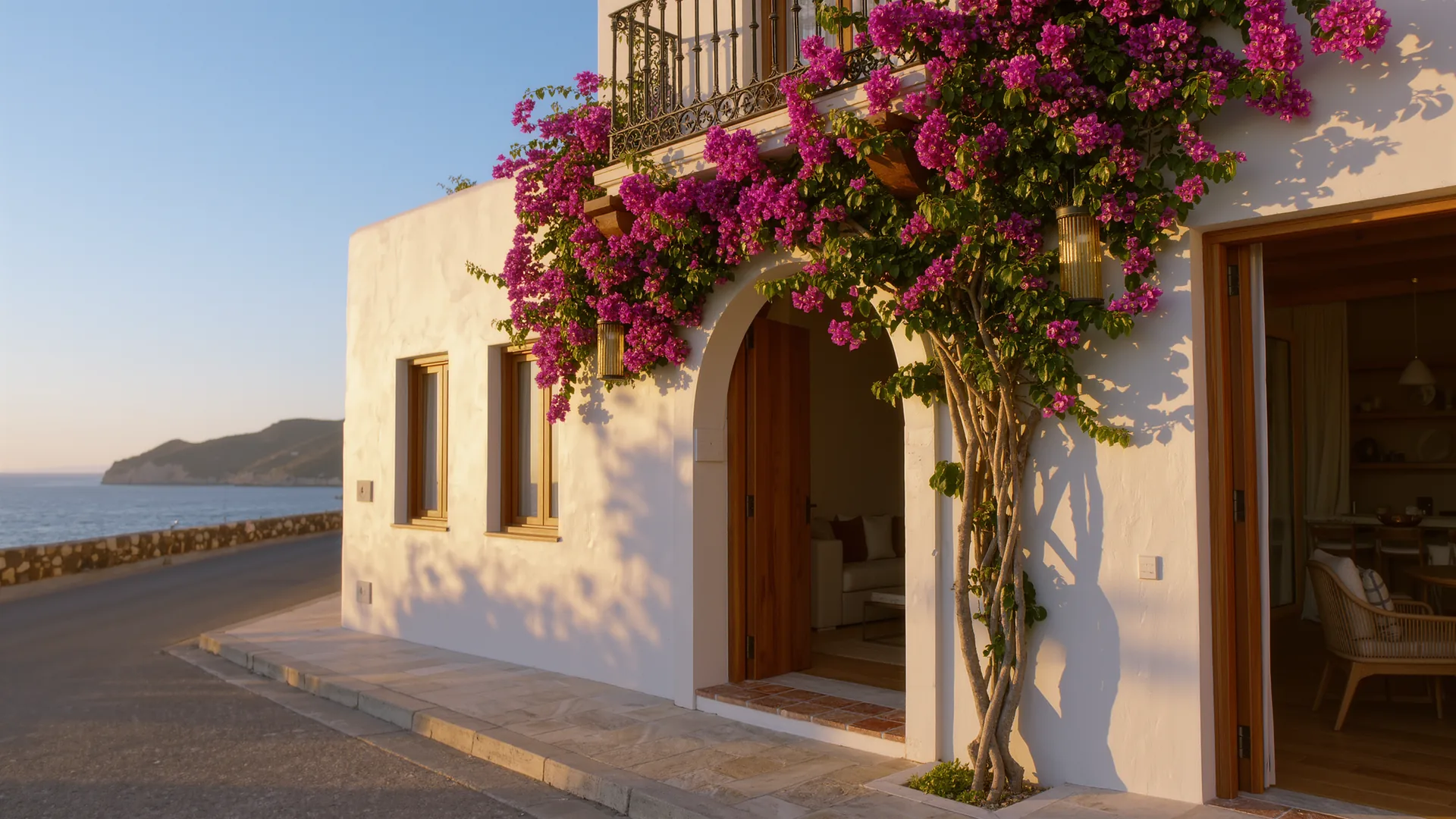 Casa blanca andaluza con buganvilla bajo un cielo despejado en una calle tranquila