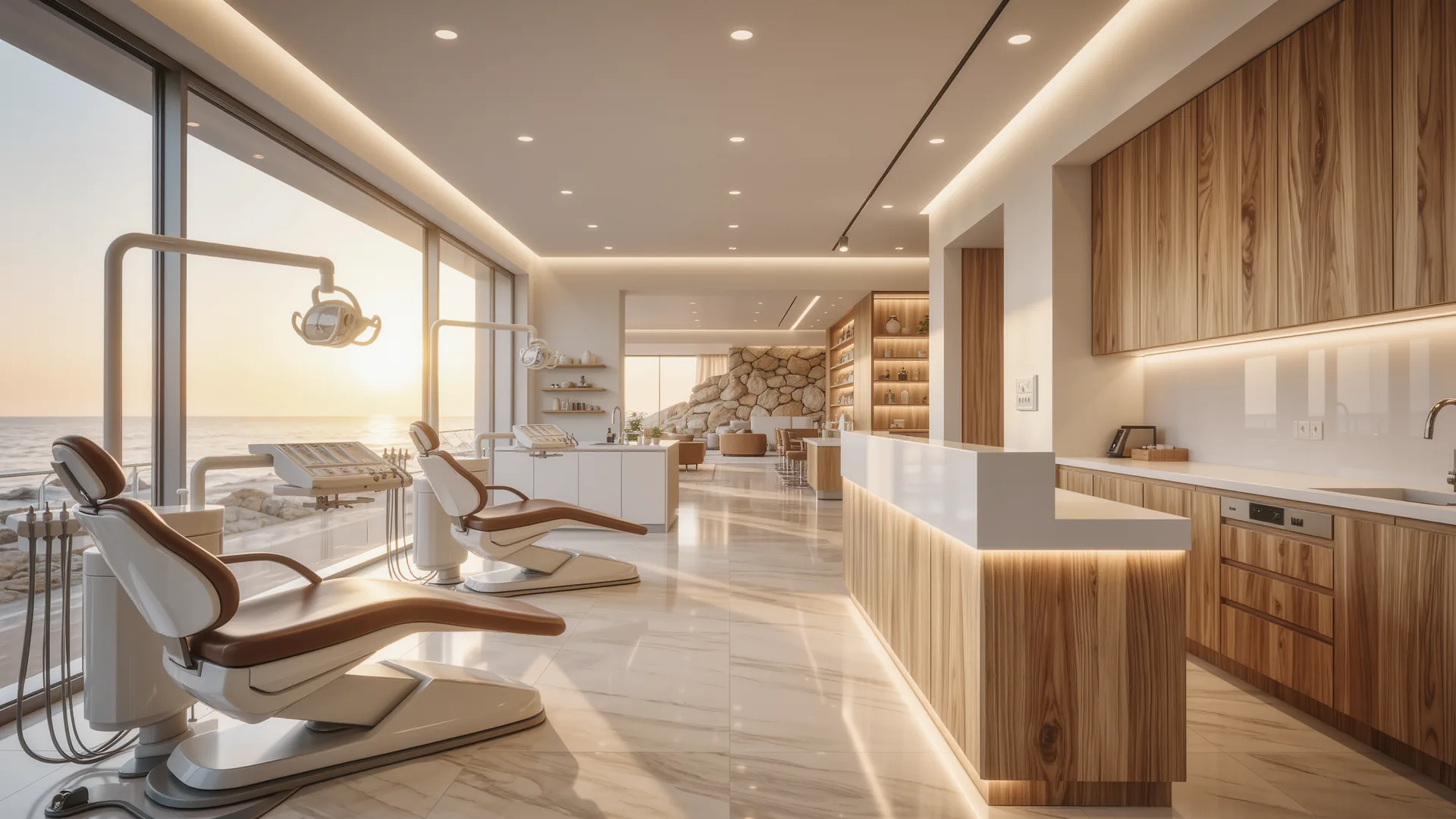 Interior de clínica dental moderna en blanco y madera con superficies impecables