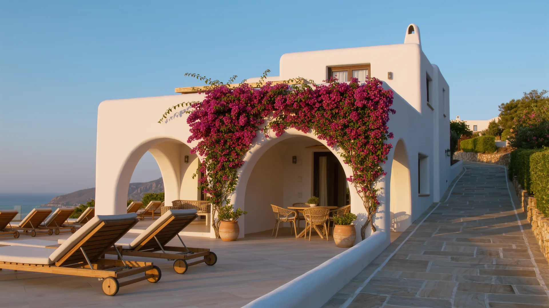 Casa blanca andaluza con buganvilla bajo un cielo despejado en una calle tranquila