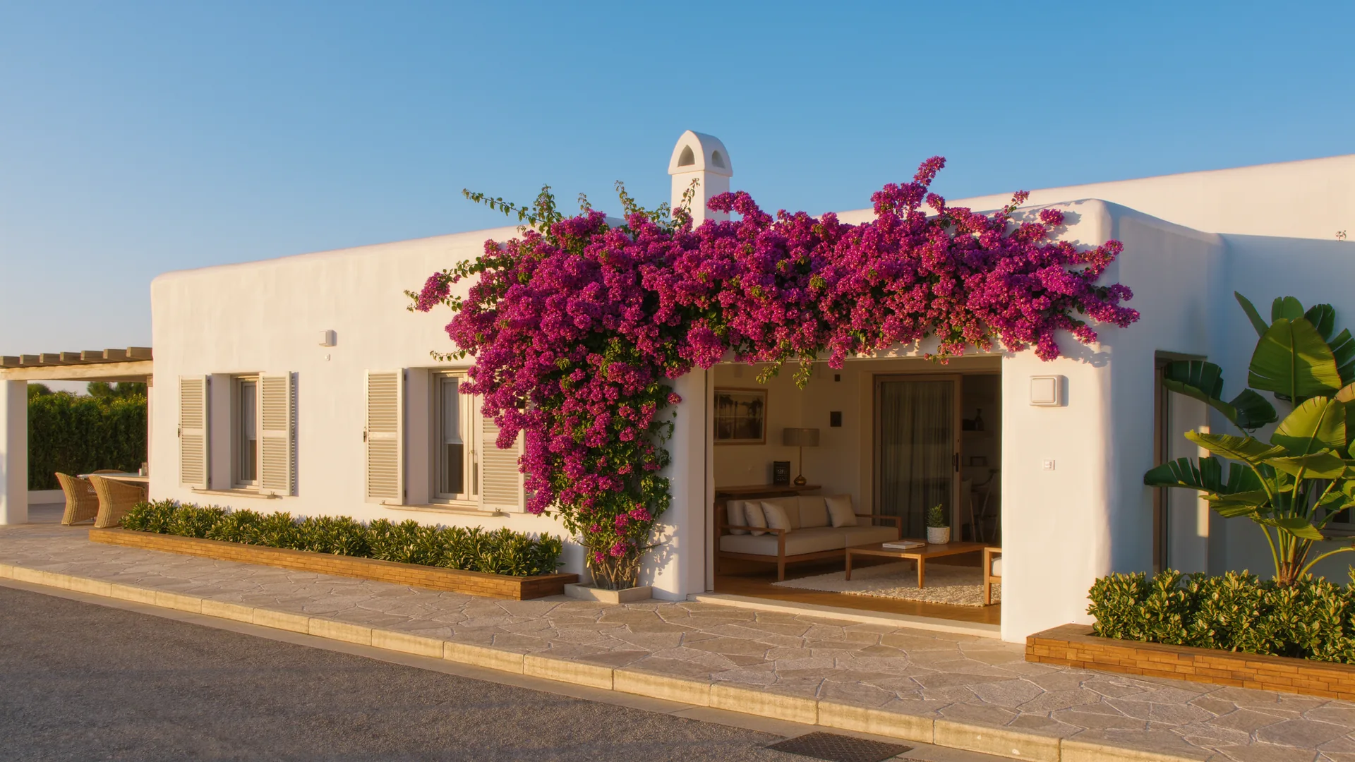 Casa blanca andaluza con buganvilla bajo un cielo despejado en una calle tranquila