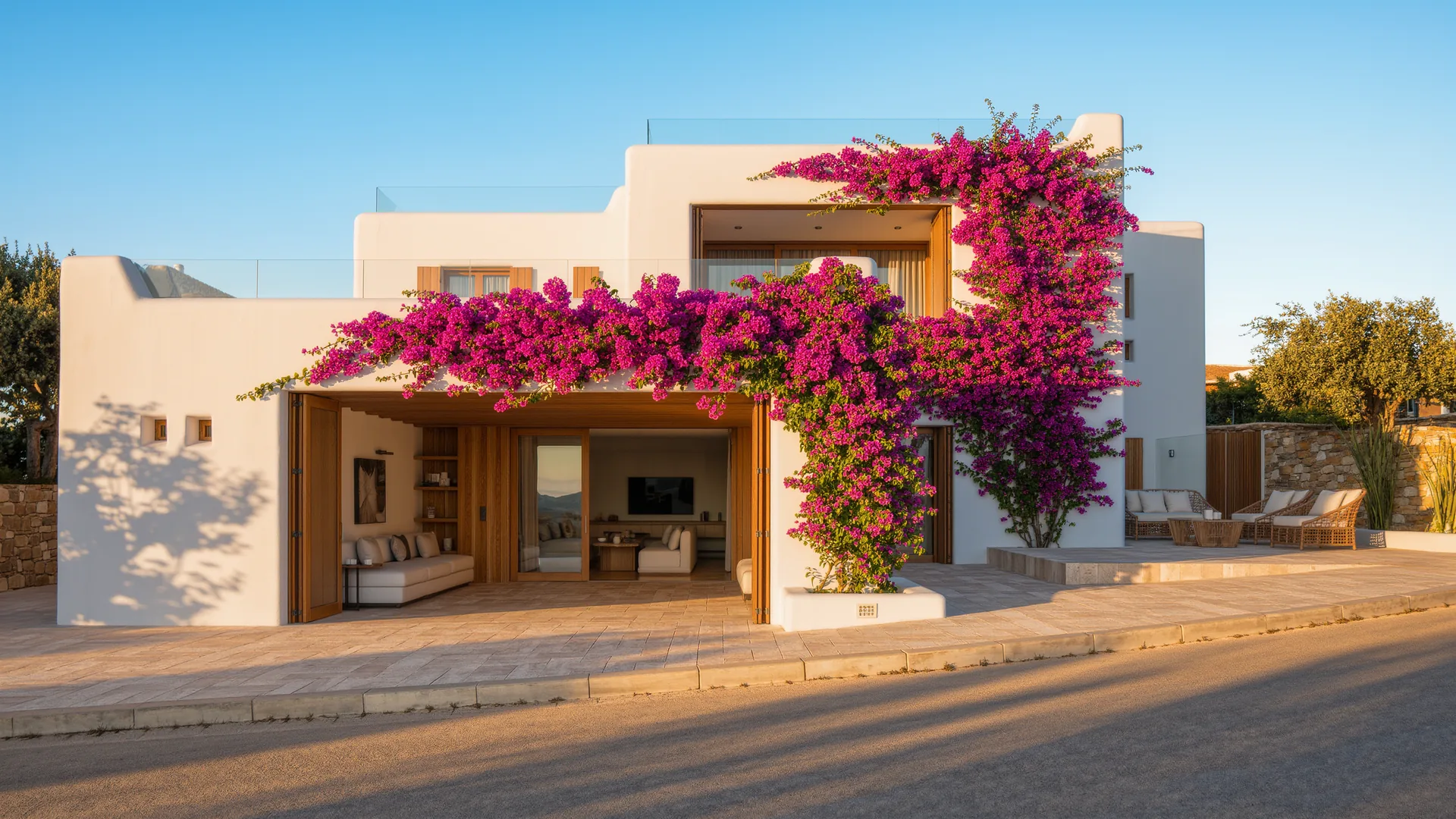Casa blanca andaluza con buganvilla bajo un cielo despejado en una calle tranquila