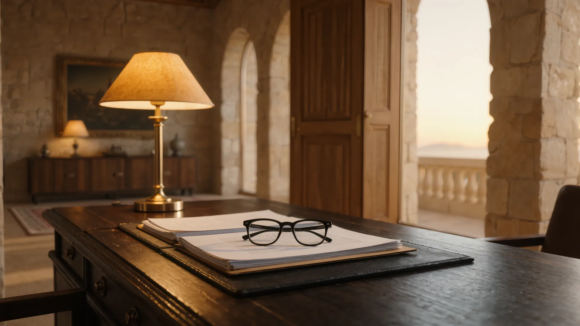 Documentos y gafas de lectura sobre un escritorio de madera oscura con lámpara cálida