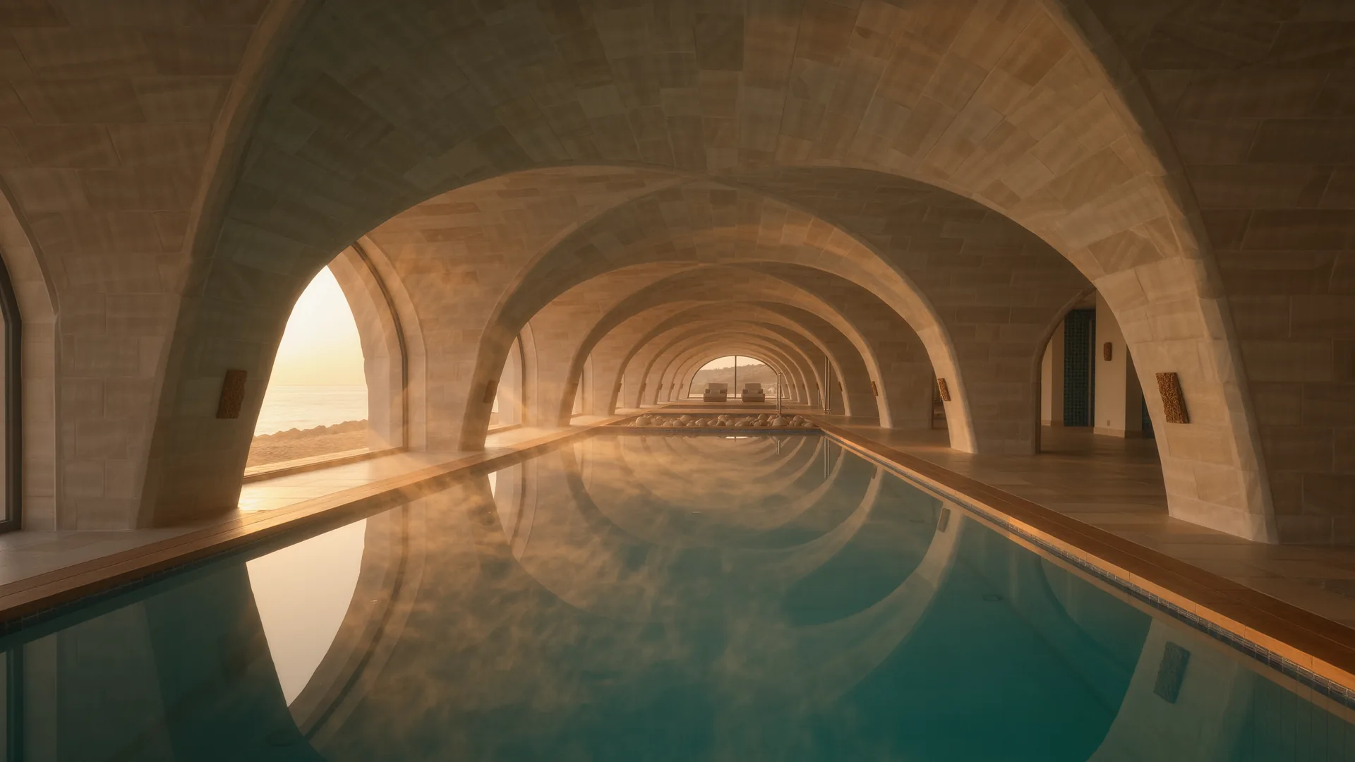 Piscina de spa iluminada desde el fondo en una sala abovedada de piedra