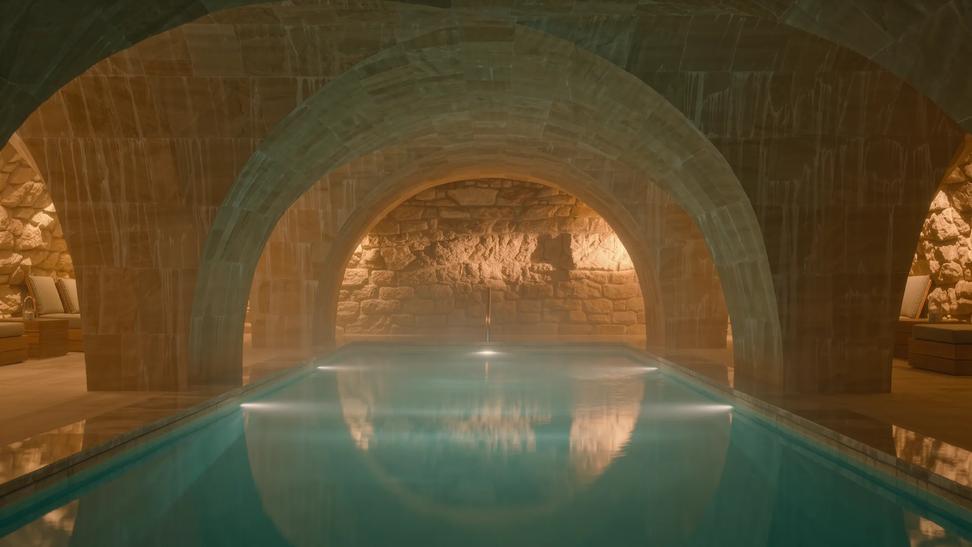 Piscina de spa iluminada desde el fondo en una sala abovedada de piedra